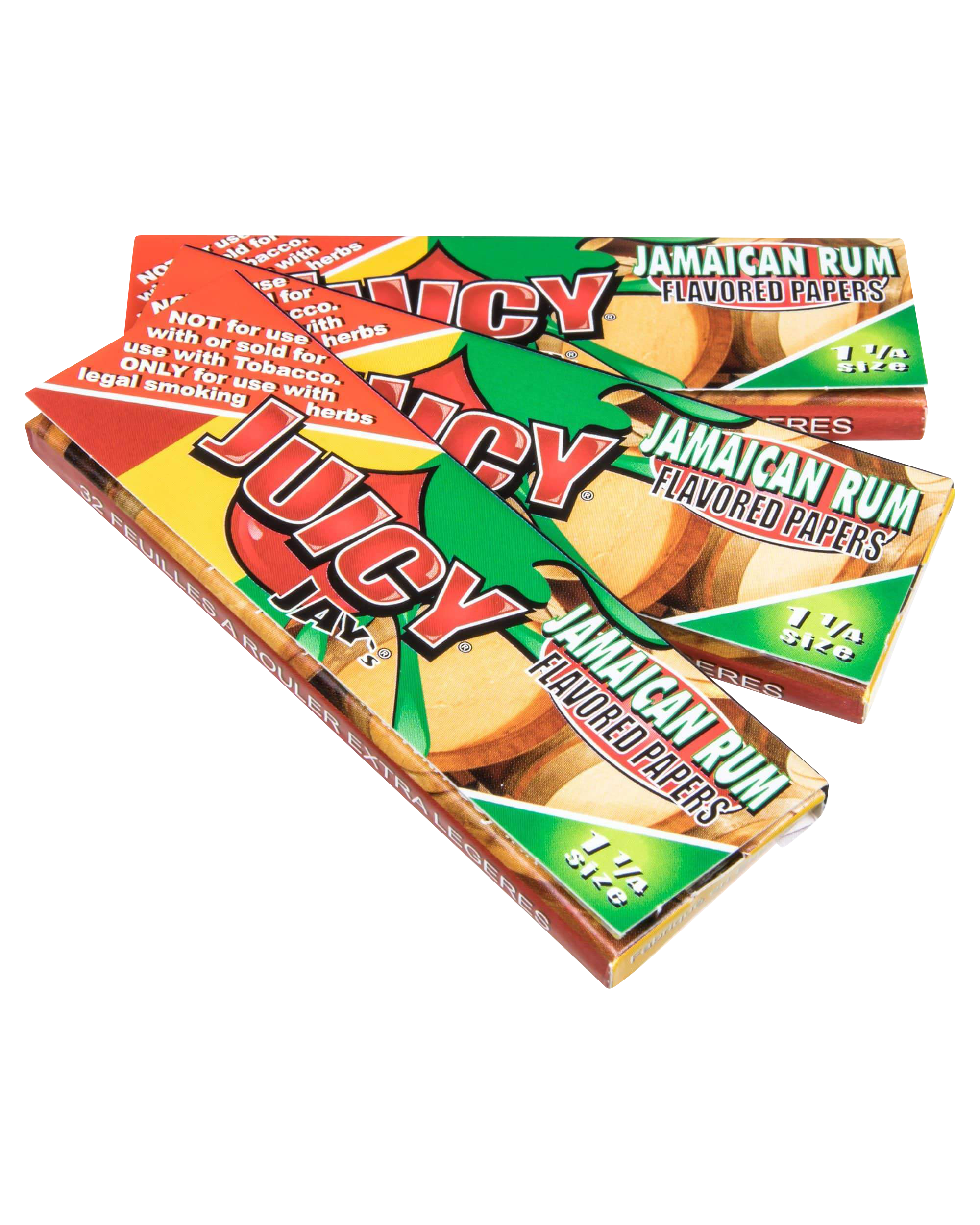 A close-up of Juicy Jay's Classic Size Flavored Rolling Papers package with bold graphics and colorful text.