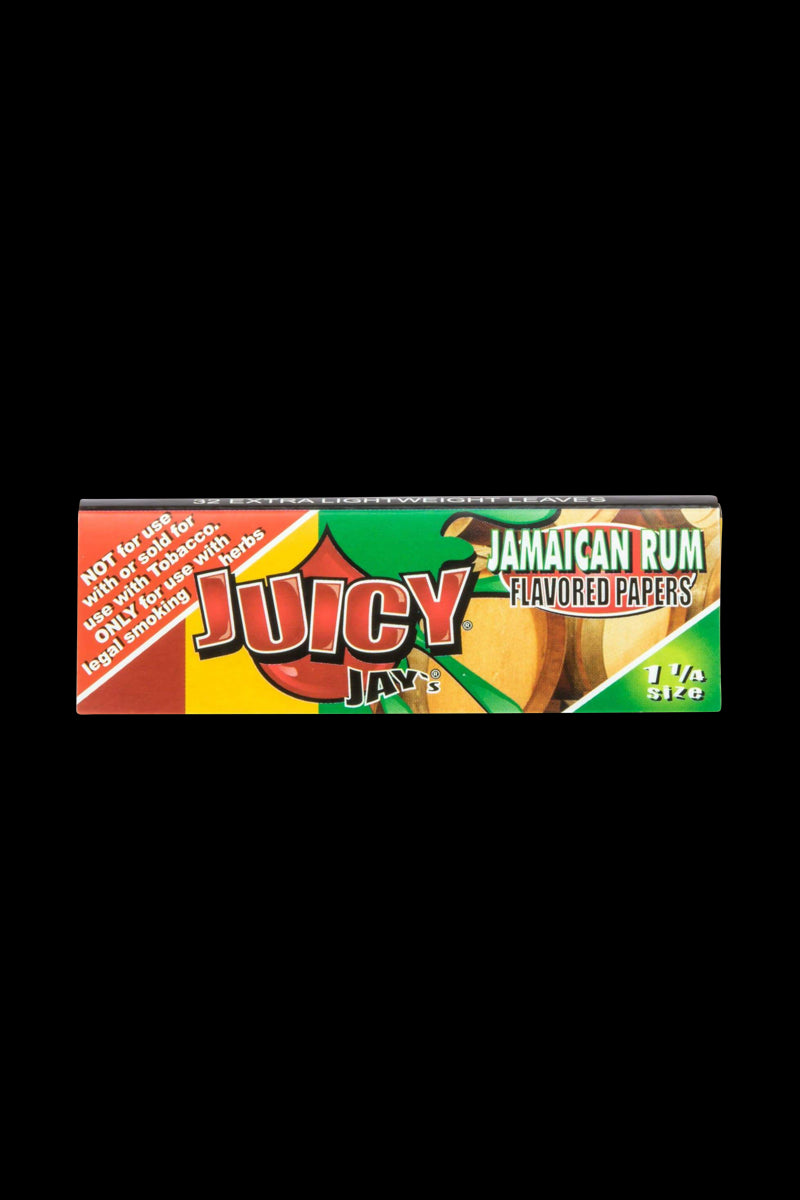 A close-up of Juicy Jay's Classic Size Flavored Rolling Papers package, displaying bold text and colorful branding against a white background.