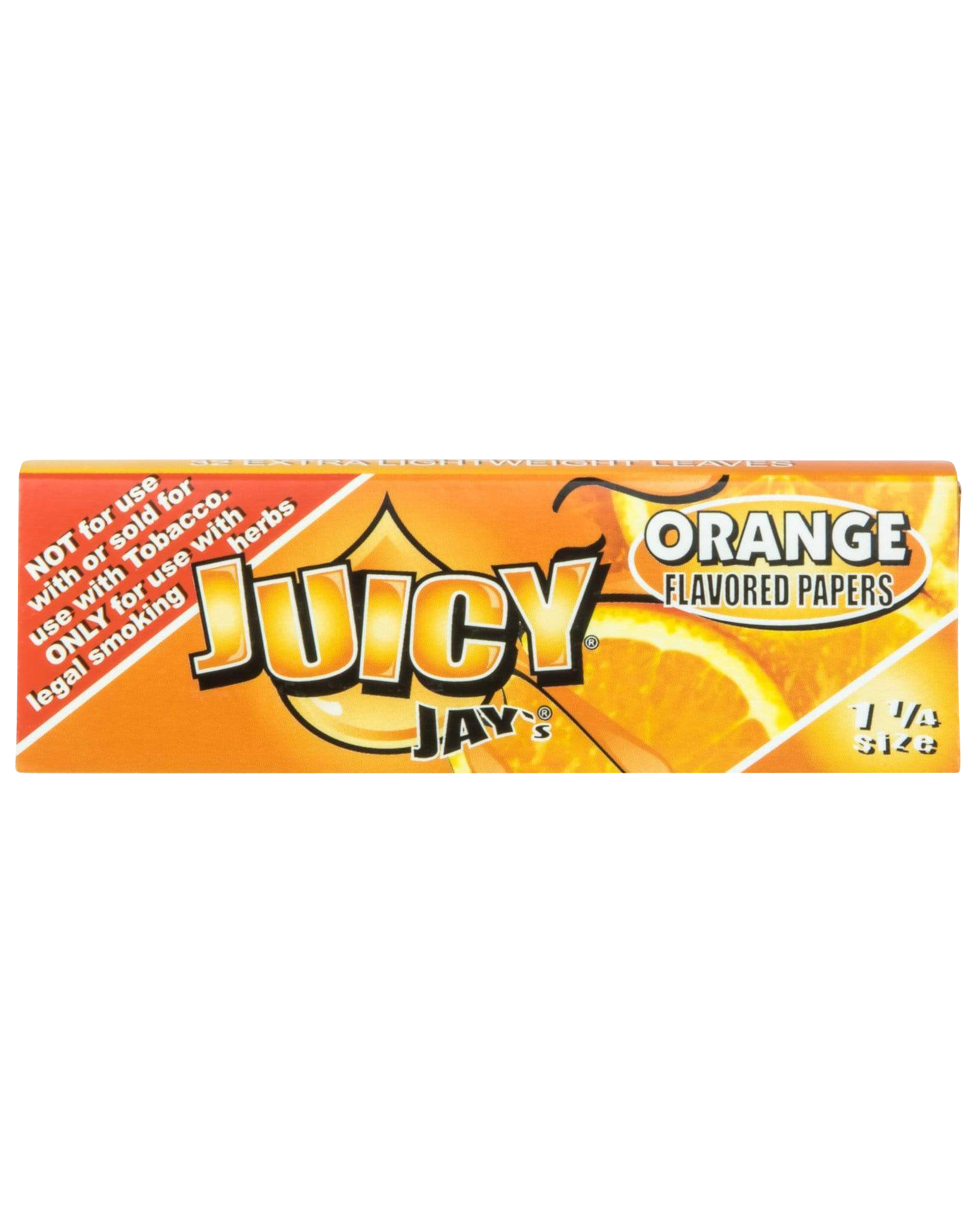 Front view of Juicy Jay's Classic Size Flavored Rolling Papers with orange coloring and bold lettering.