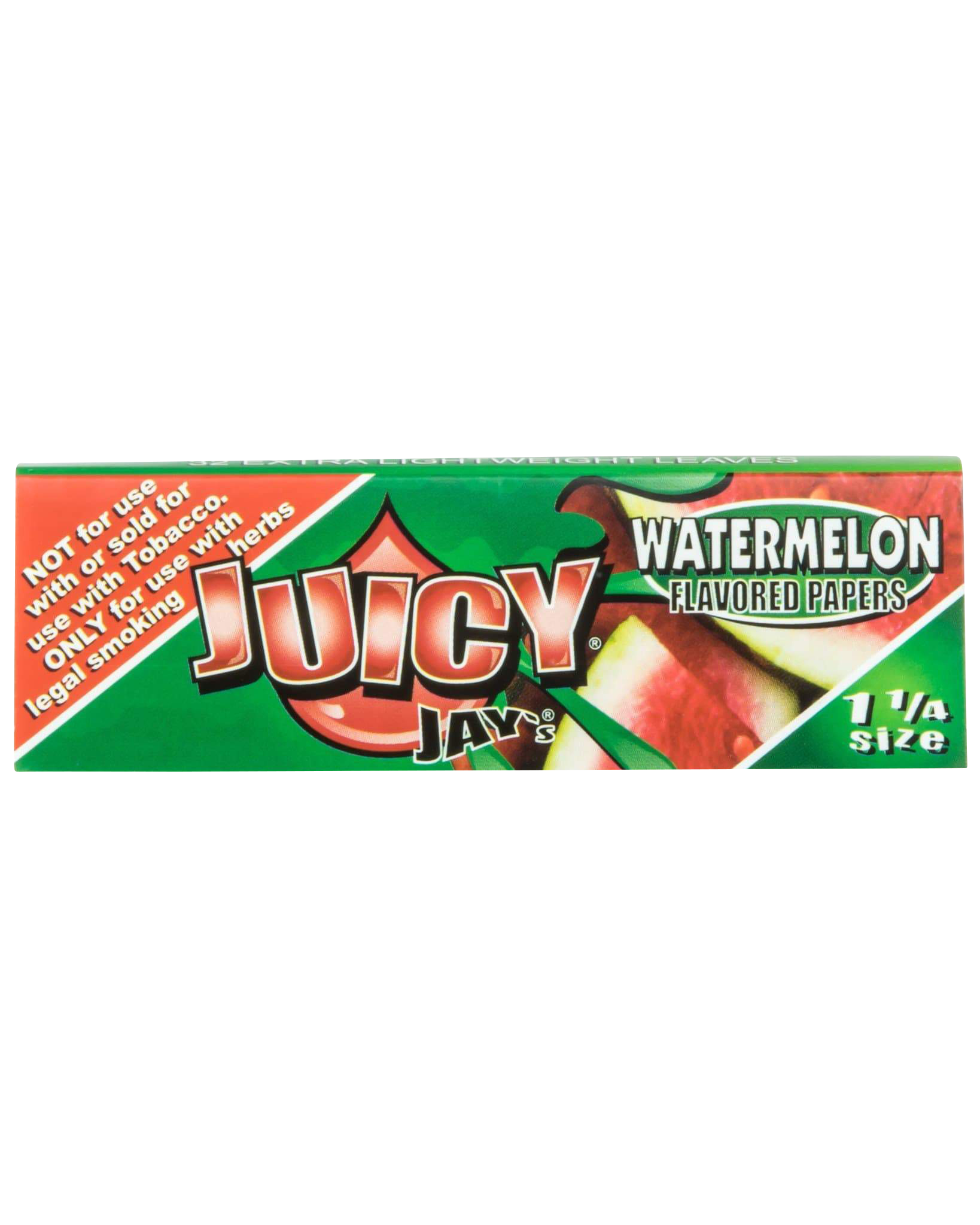 A close-up of a pack of Juicy Jay's Classic Size Flavored Rolling Papers, displaying a colorful watermelon design.