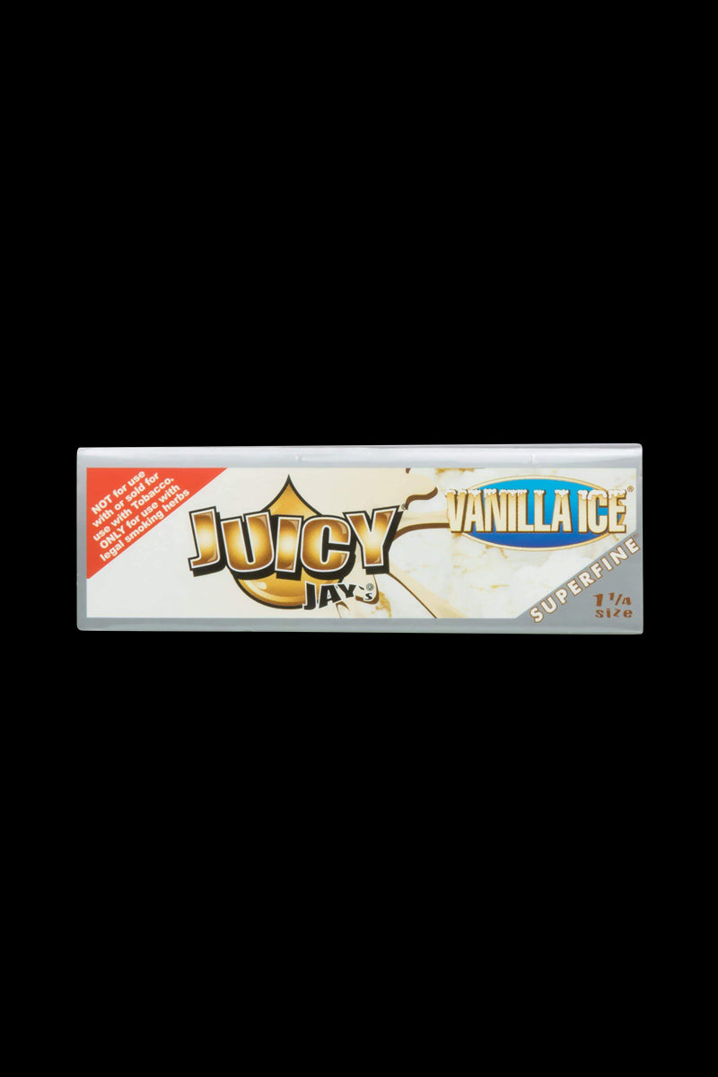 A close-up of the colorful packaging for Juicy Jay's Superfine 1-1/4" Flavored Rolling Papers, displaying bold lettering and branding.