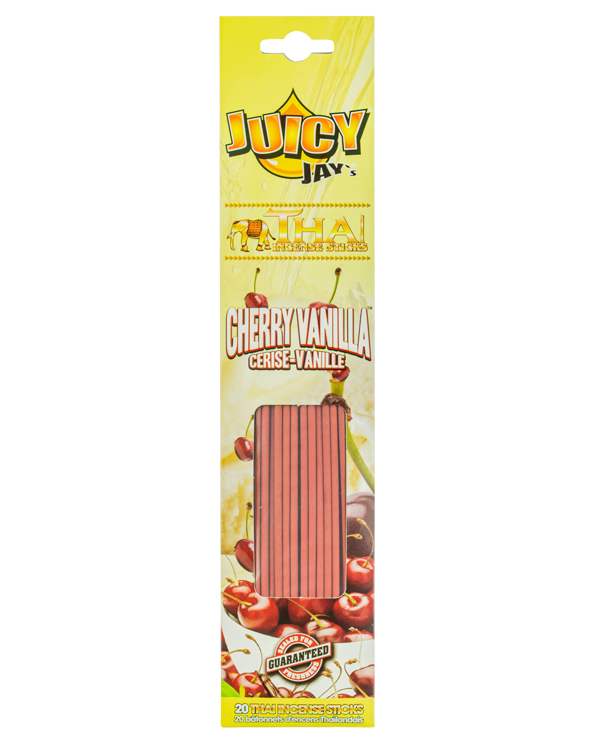 A close-up, front view of Thai Incense Sticks packaging with a red and gold label, displaying the brand’s name in bold lettering.