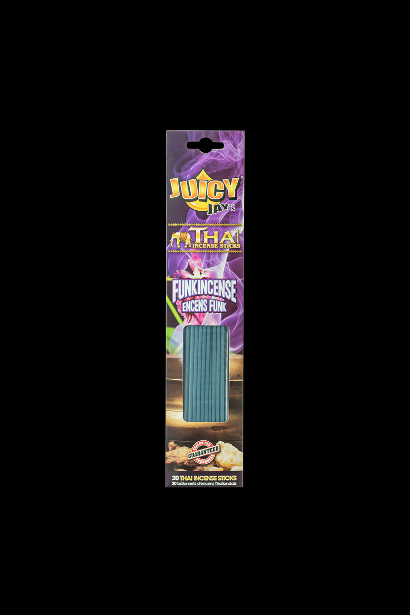 Front view of Thai Incense Sticks packaging, featuring colorful graphics and branding against a dark background.