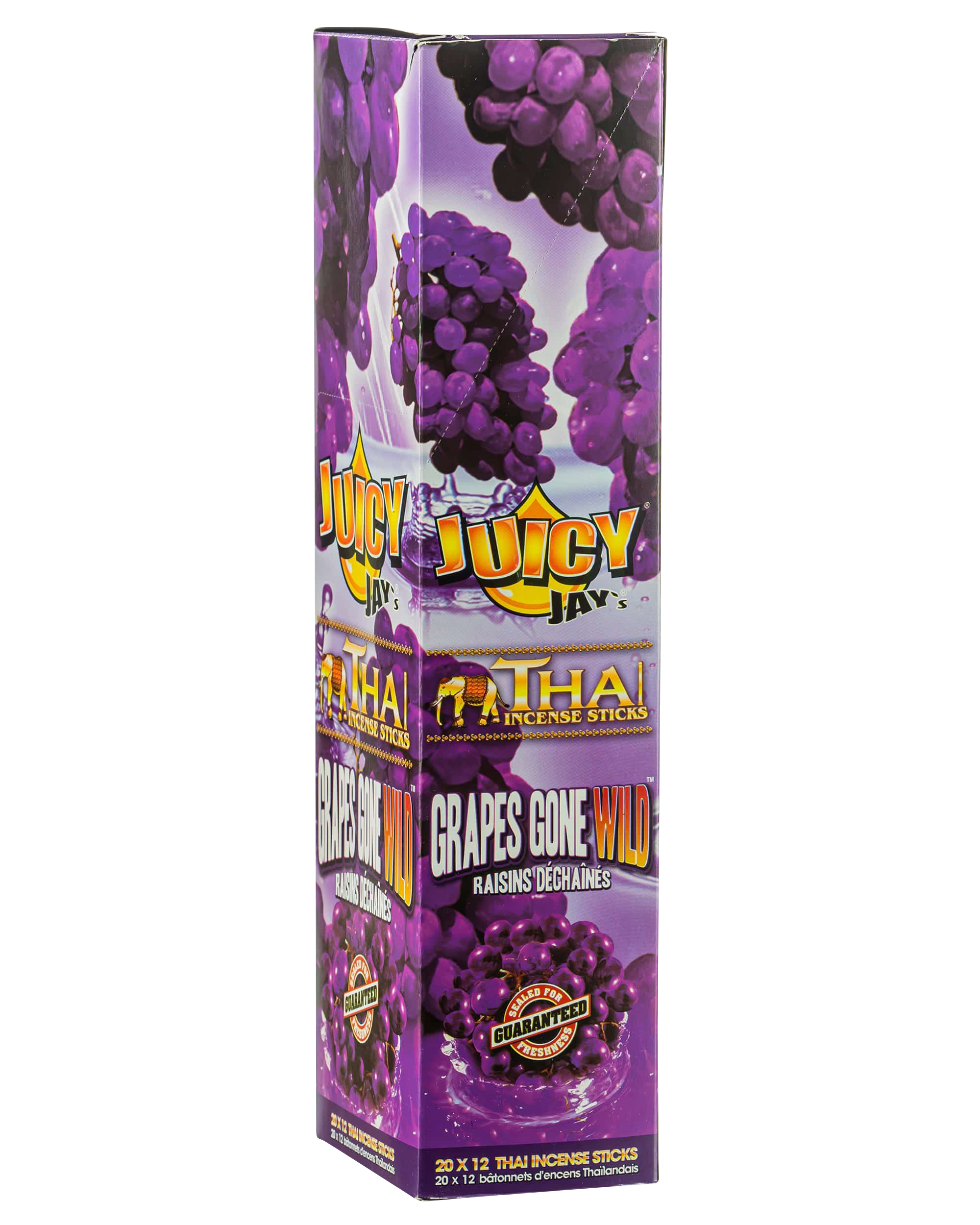 A front view of the colorful “Thai Incense Sticks” packaging featuring bold typography and a flame design on a white background.