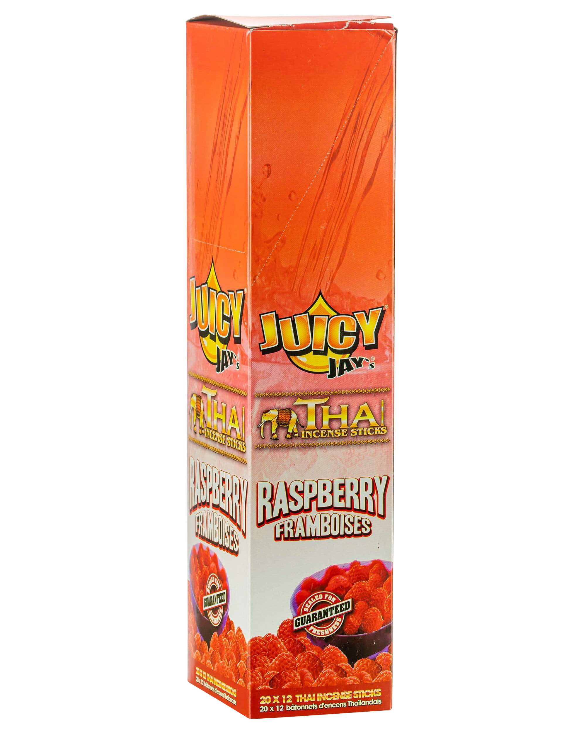 Front view of Thai Incense Sticks packaging, featuring colorful text and branding against a bright white background.