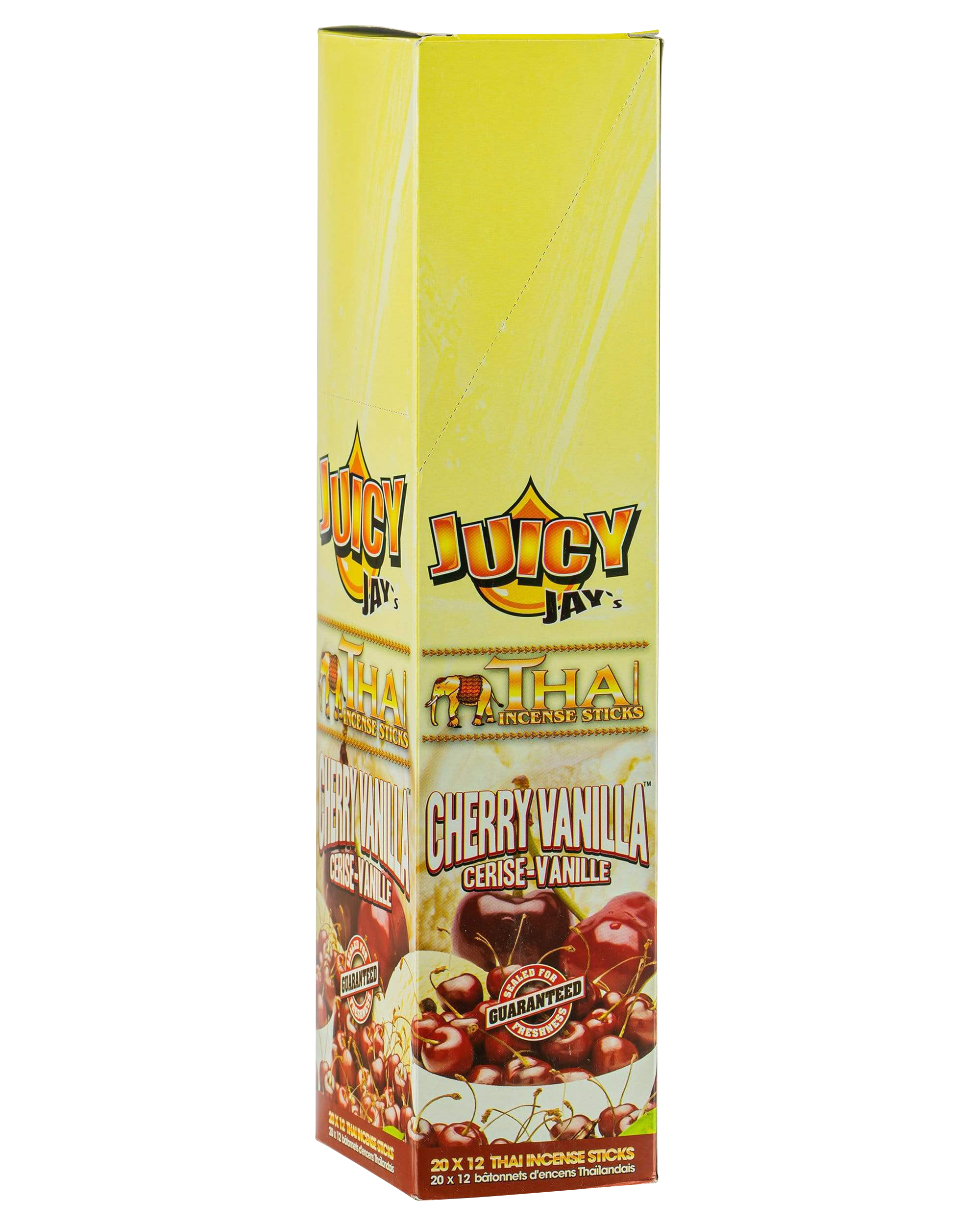 Front view of the Thai Incense Sticks packaging, featuring colorful lettering and branding against a bright yellow background.