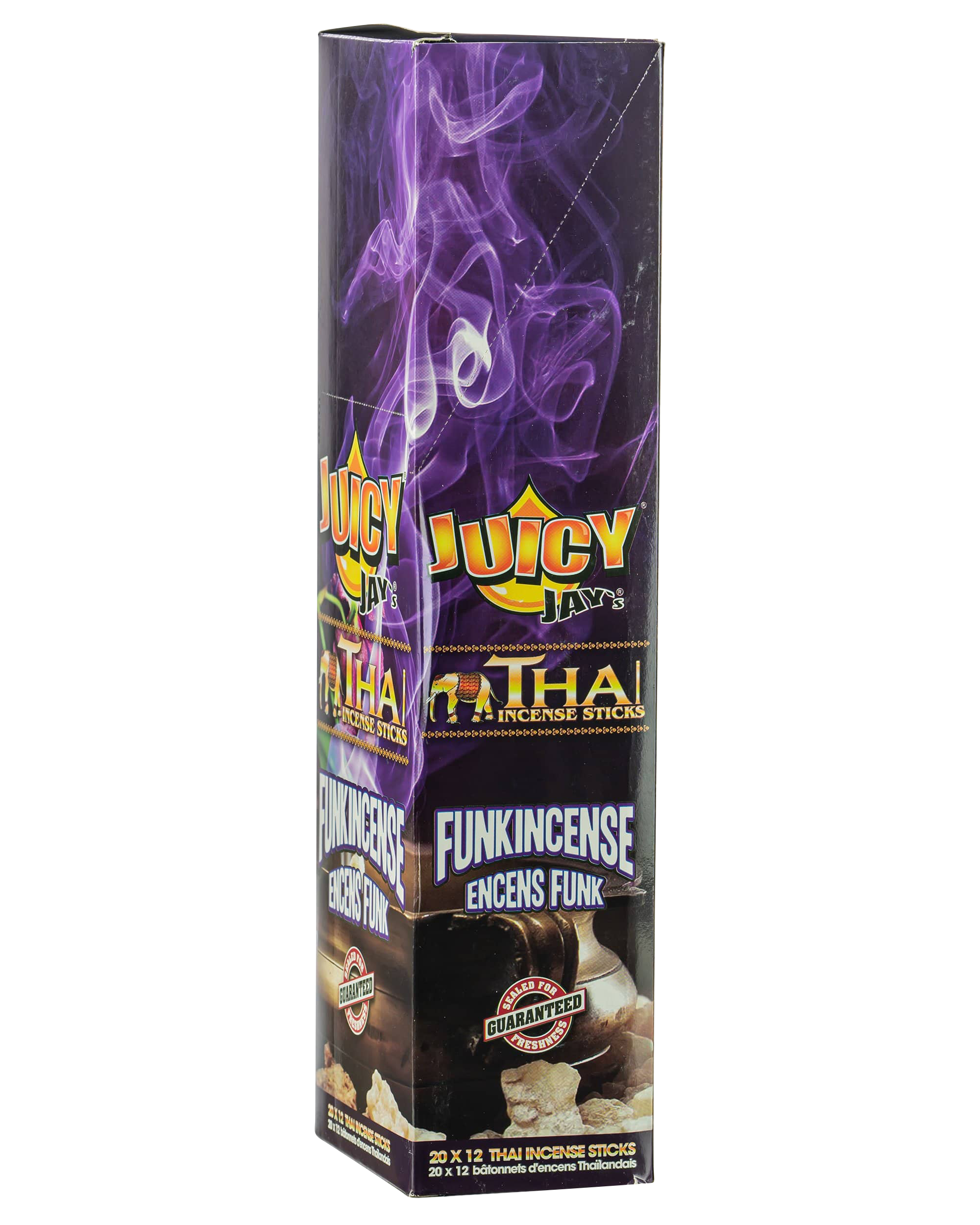 Front view of Thai Incense Sticks packaging, displaying the brand name and colorful floral design on a bright background.