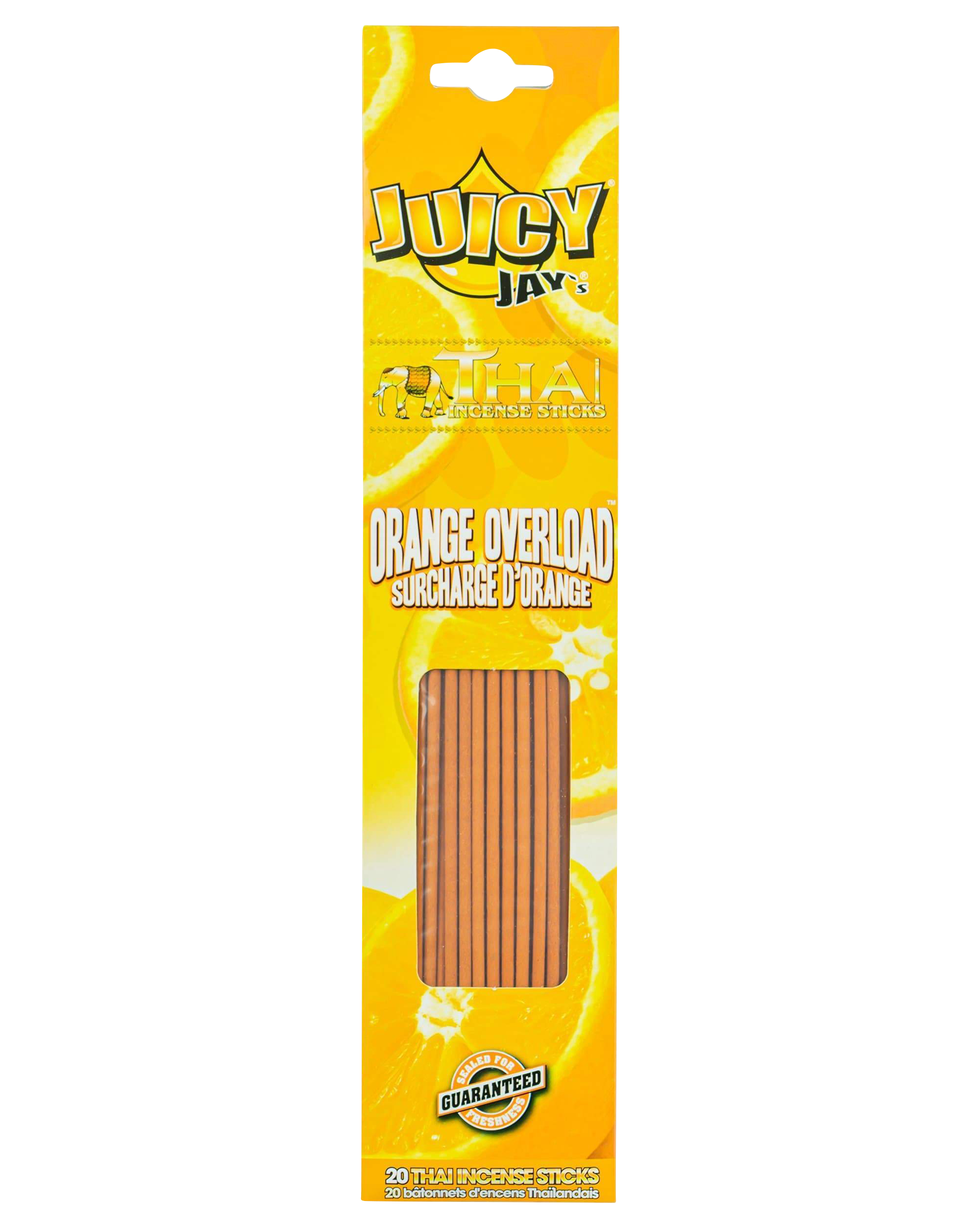 Front view of Thai Incense Sticks packaging, featuring a vibrant orange design with bold text on a white background.