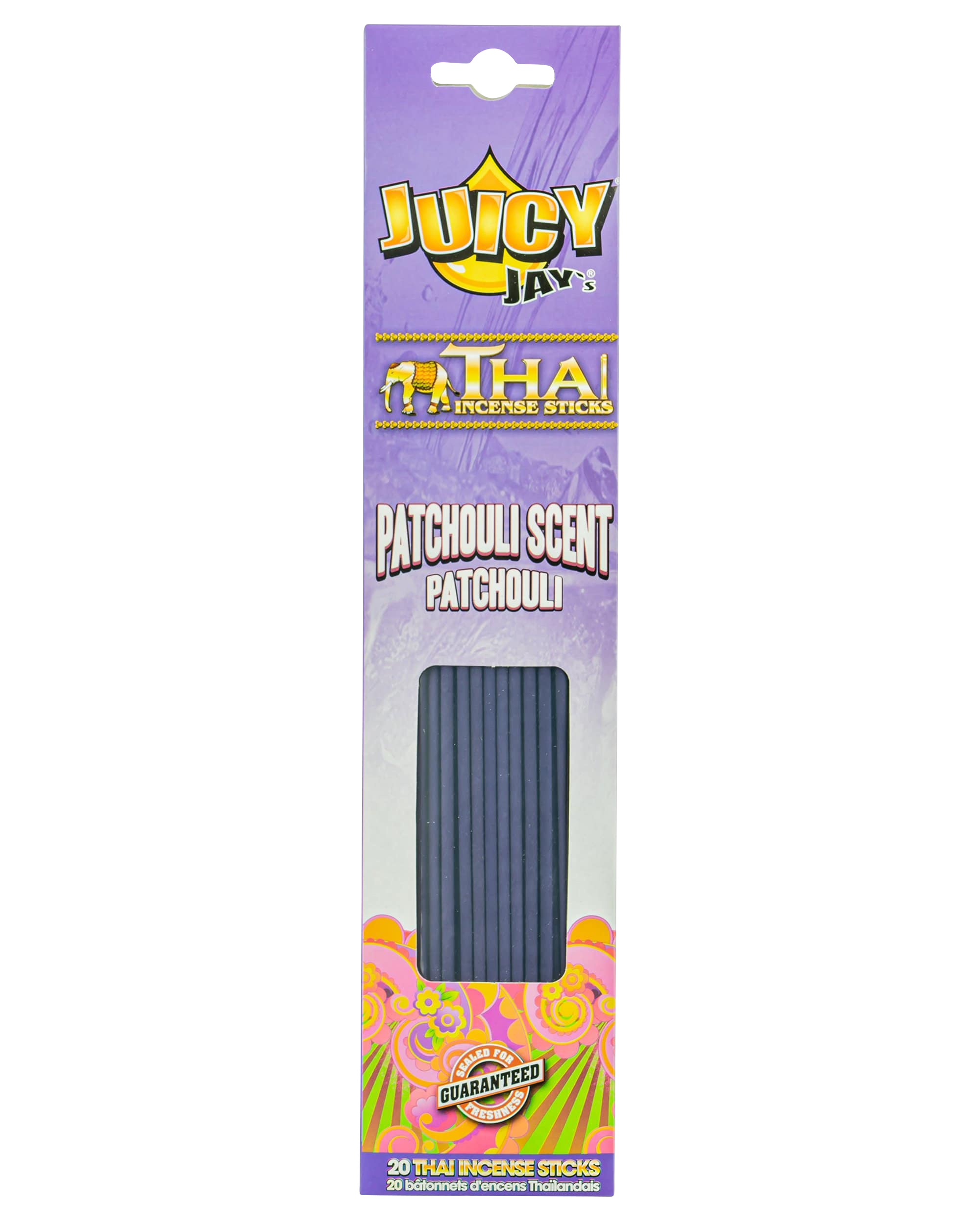 A close-up of Thai Incense Sticks packaging, with colorful text and branding against a purple background.