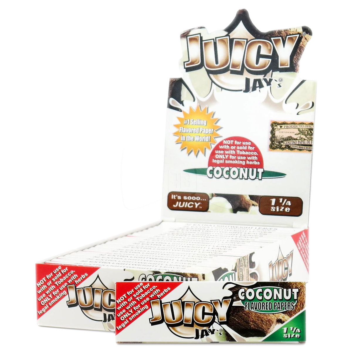 A close-up of Juicy Jay's 1 1/4 Coconut Rolling Papers packaging with a colorful, tropical design.