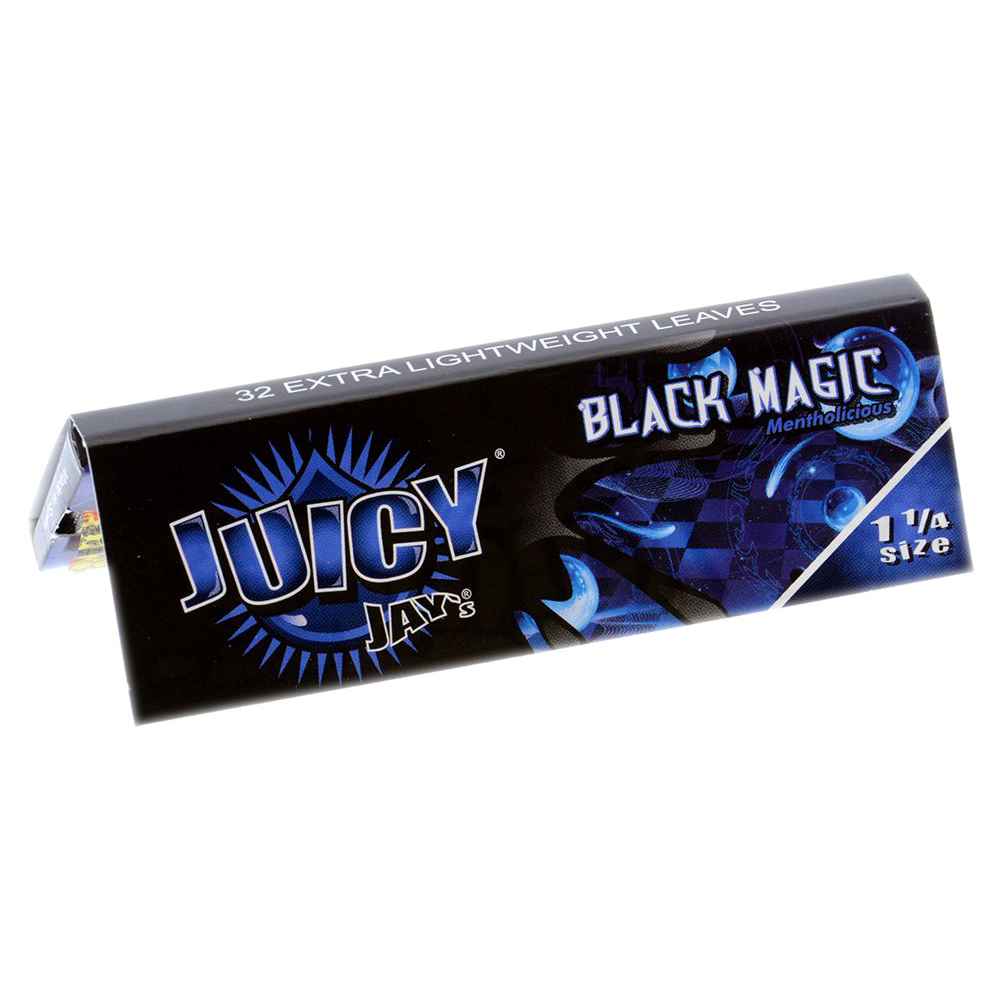 A close-up shot of the pack of Juicy Jay's 1 1/4 Black Magic Rolling Papers, displaying vibrant, magical-themed artwork.