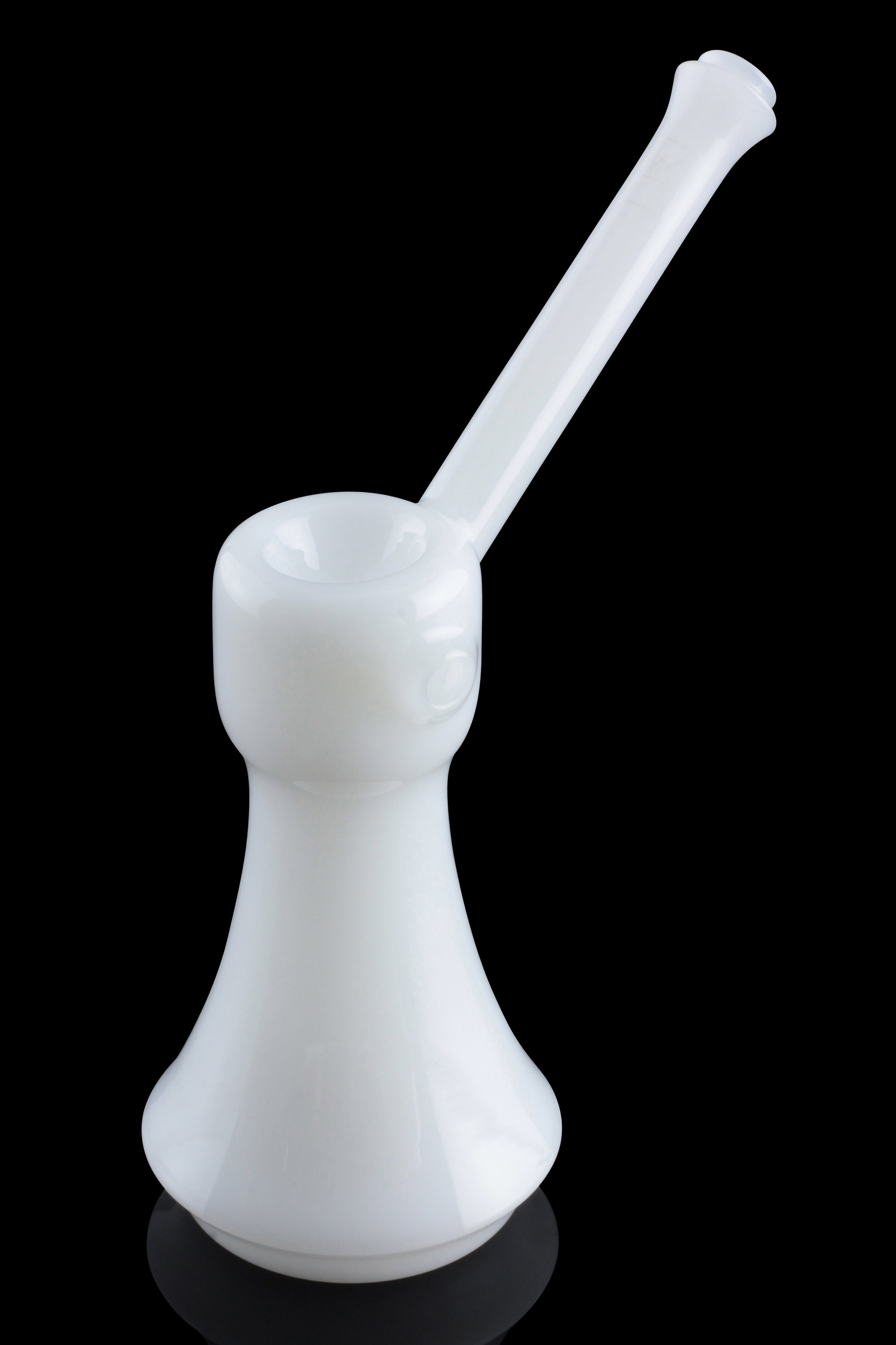 Frosted glass bubbler with a bent neck.