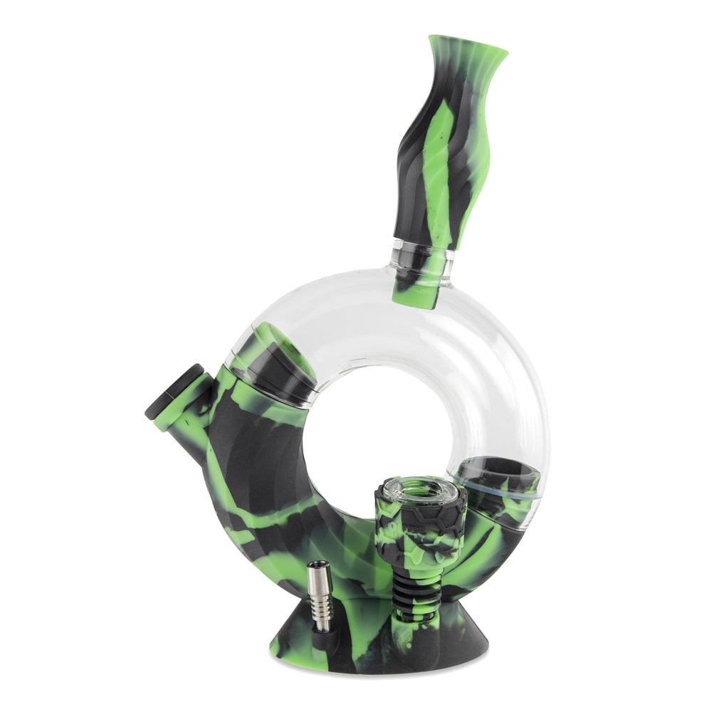 Green and clear silicone bubbler water pipe for cannabis use.