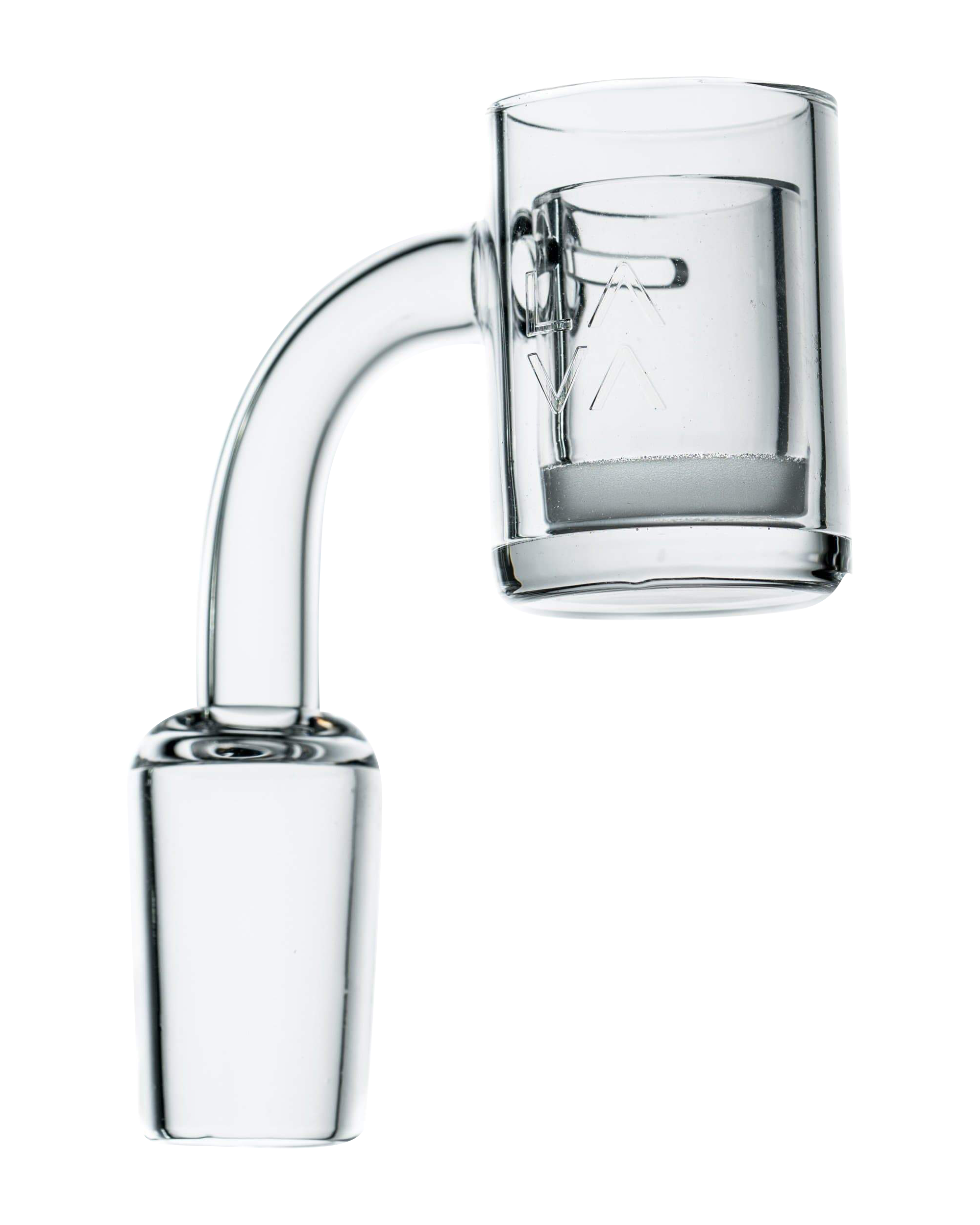 A close-up shows the LavaTech Polished Banger Nail with Opaque Cup Insert angled slightly, displaying its polished surface and dark cup.