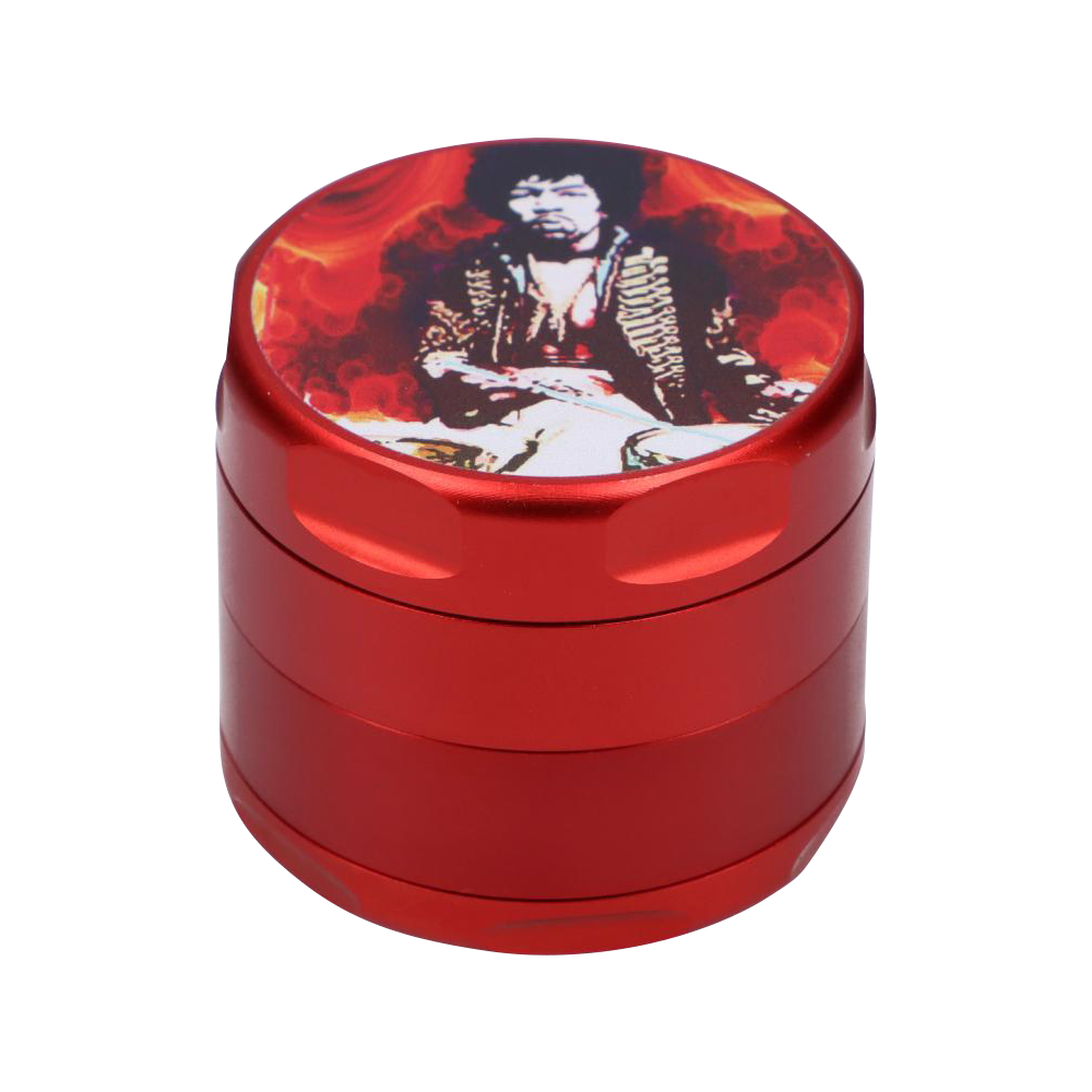 Front view of the "Rock Legends "Jimi Fire" Grinder" featuring a circular design with a portrait of Jimi Hendrix on a dark background.