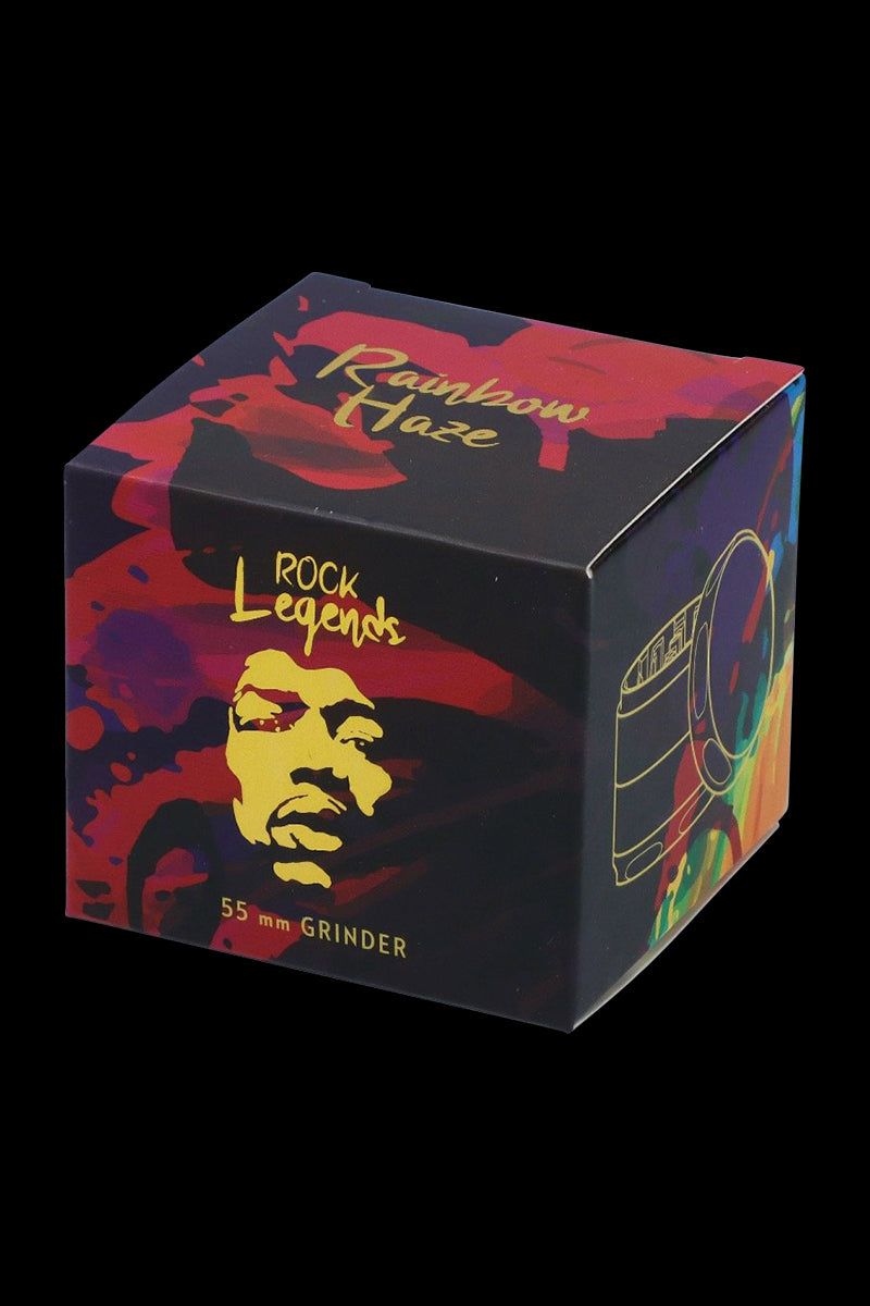 Three-quarter view of the Rock Legends "Jimi Rainbow Haze" Grinder box with colorful red and purple artwork and gold lettering.