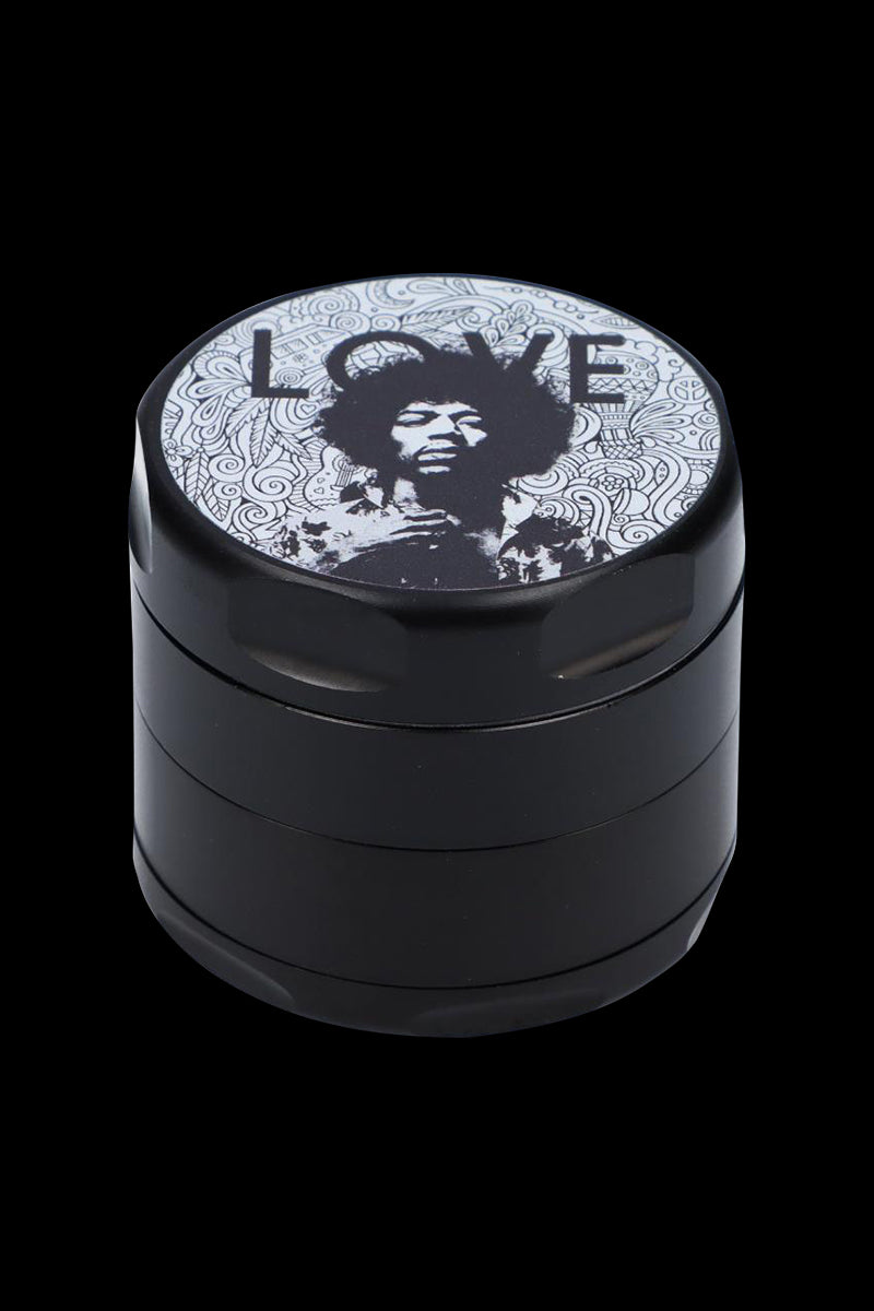 Top-down view of the Rock Legends "Jimi Love" Grinder showing its black stacked body and a monochrome Jimi Hendrix portrait on the lid.