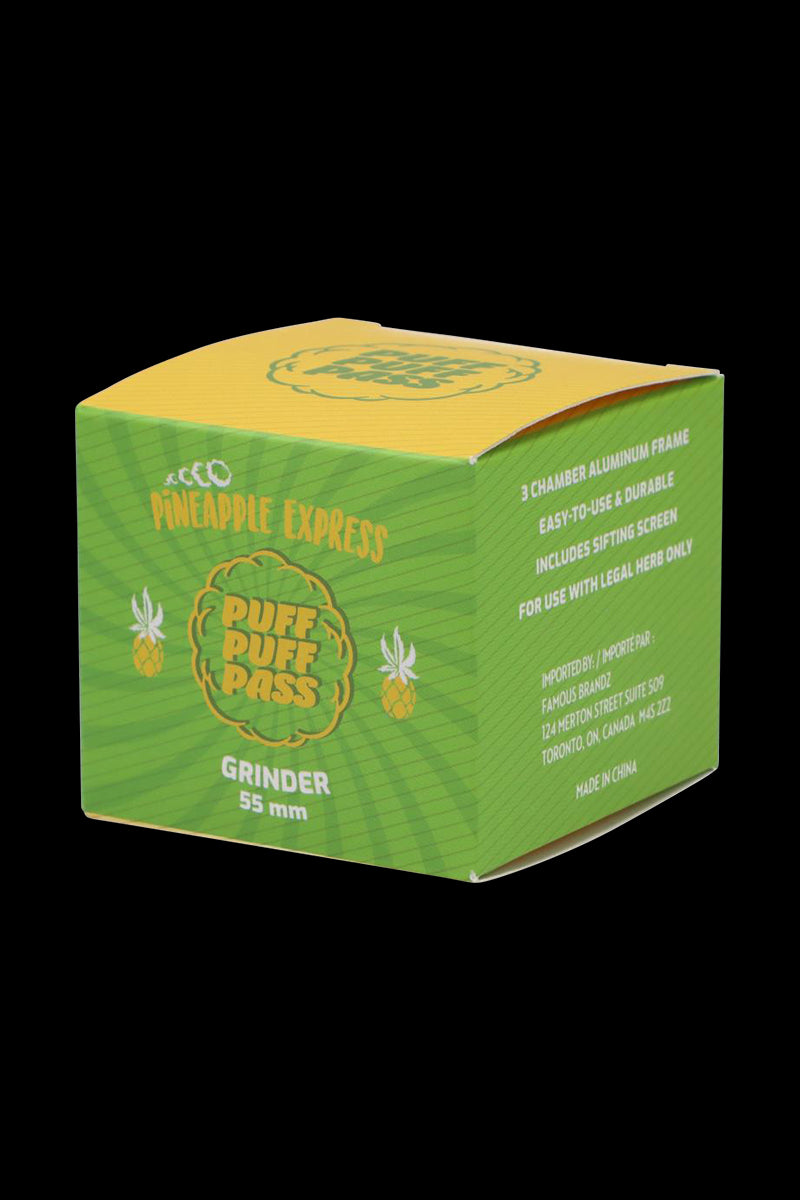 Front view of the Puff Puff Pass - Pineapple Express Strain Grinder with bold text on a white background.