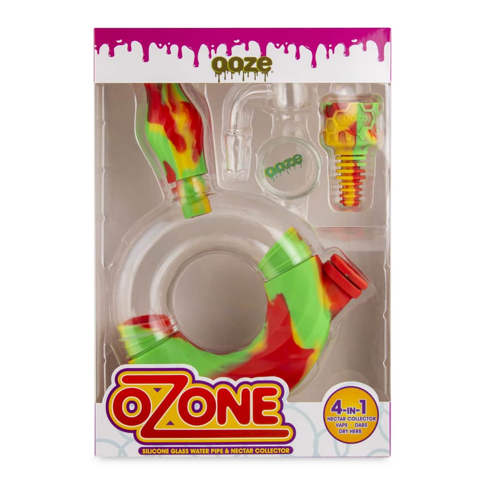 A packaged Ozone silicone glass water pipe and nectar collector in red and green, displayed against a white background.