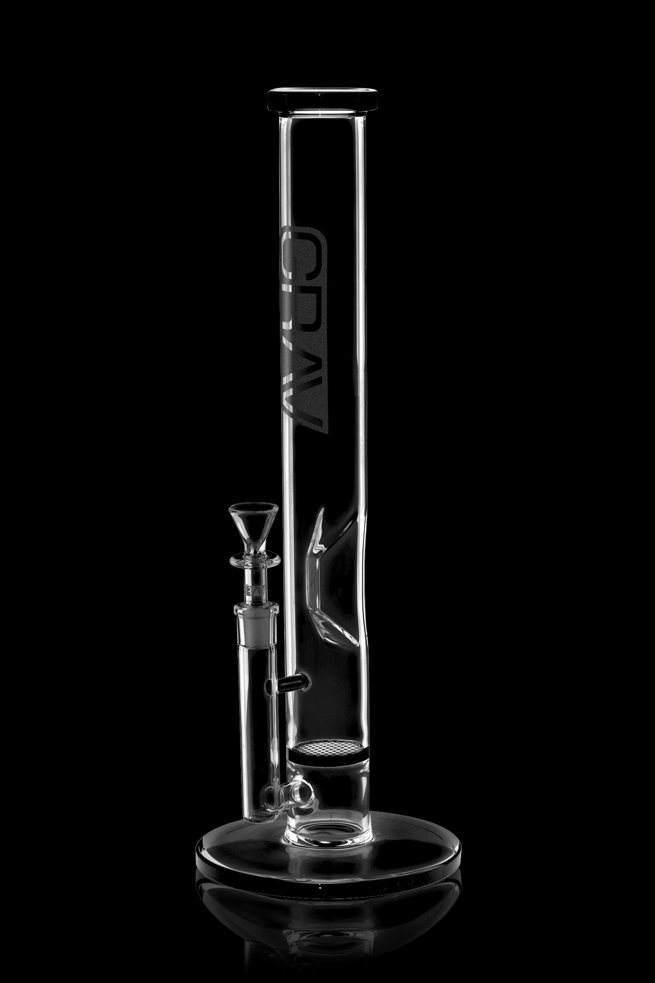 Clear glass bong with ice catch and brand logo, studio shot on a reflective surface.