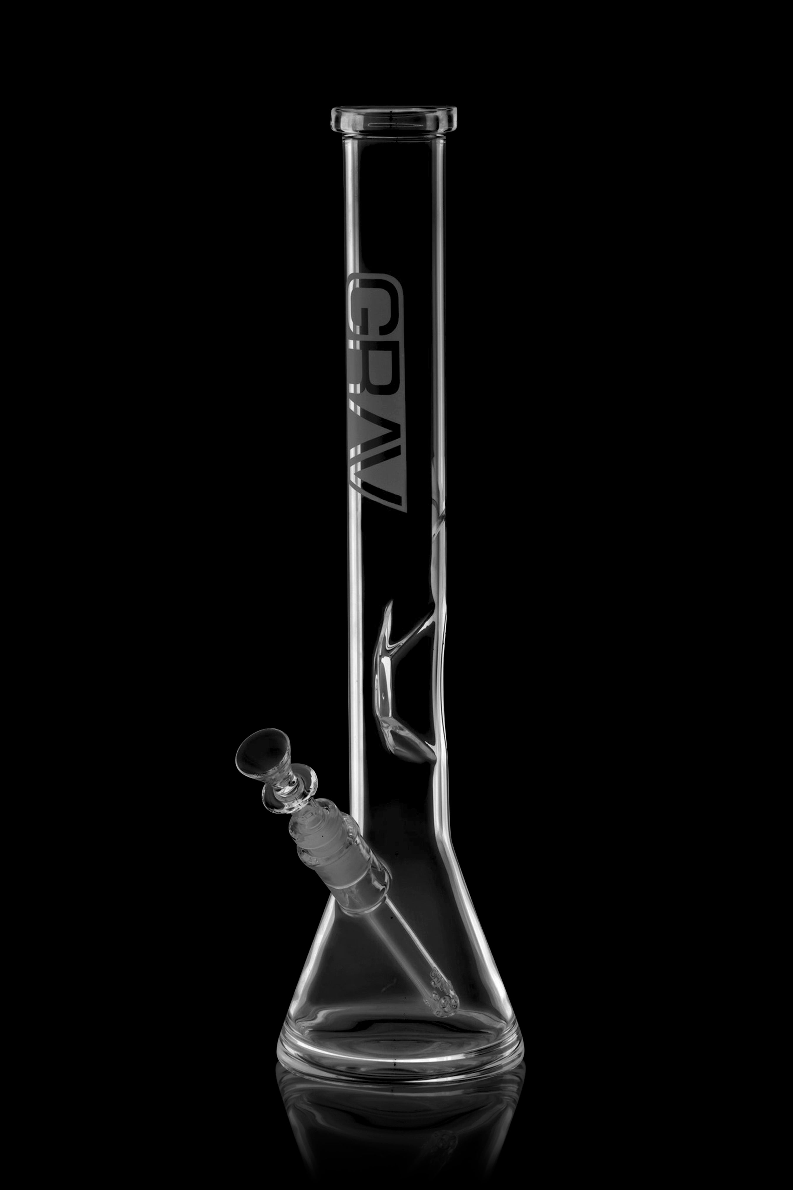 Clear glass bong with ice pinches and brand logo, isolated on black.