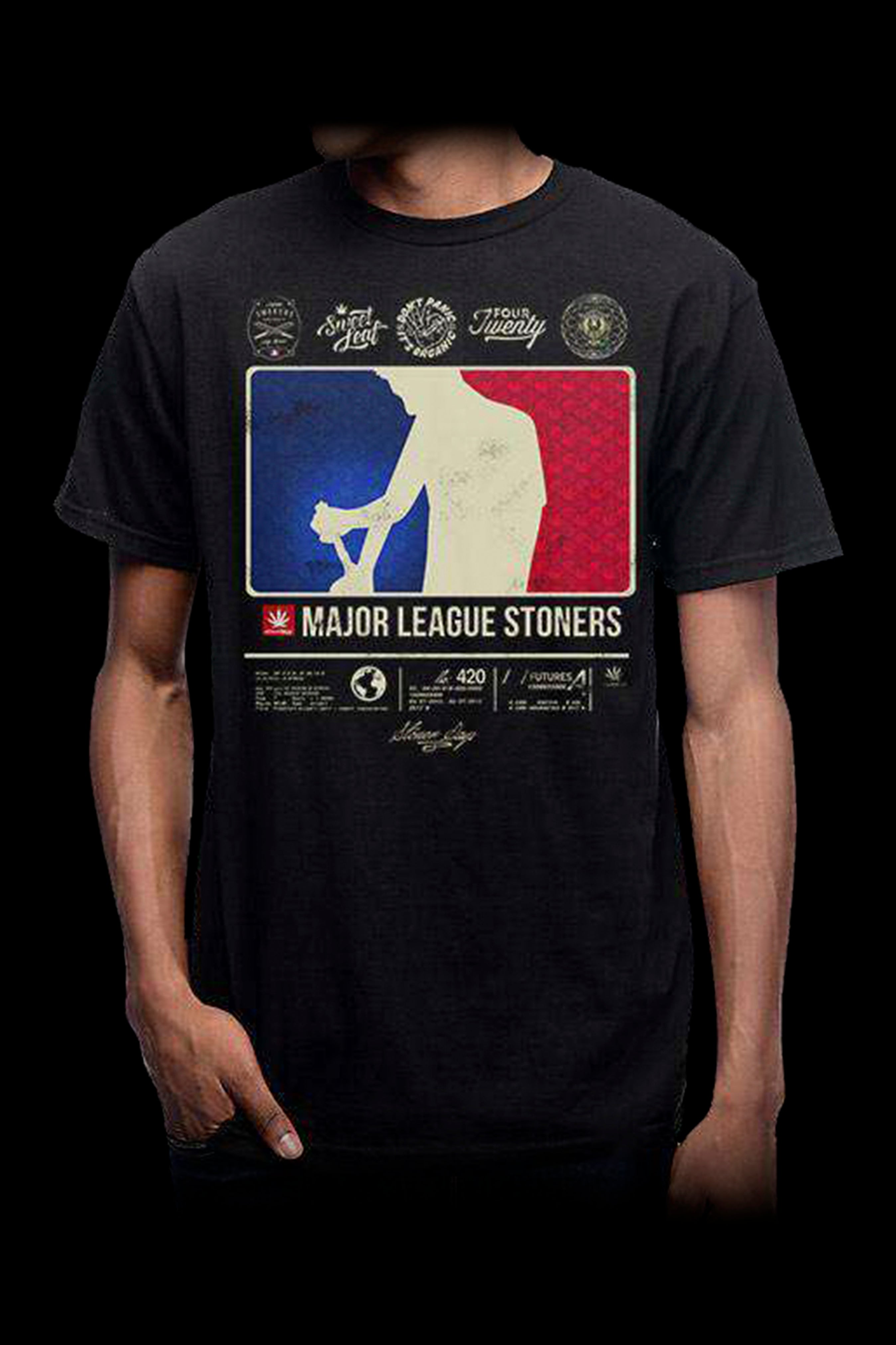 A man wearing a black t-shirt with a vintage-style baseball league patch graphic featuring a silhouetted person smoking a pipe, text reading “Major League Stoners,” and cannabis leaf motifs.