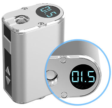Close-up of the Eleaf iStick Mini 10W Digital Mod Battery, displaying a clear digital readout on its metallic surface.
