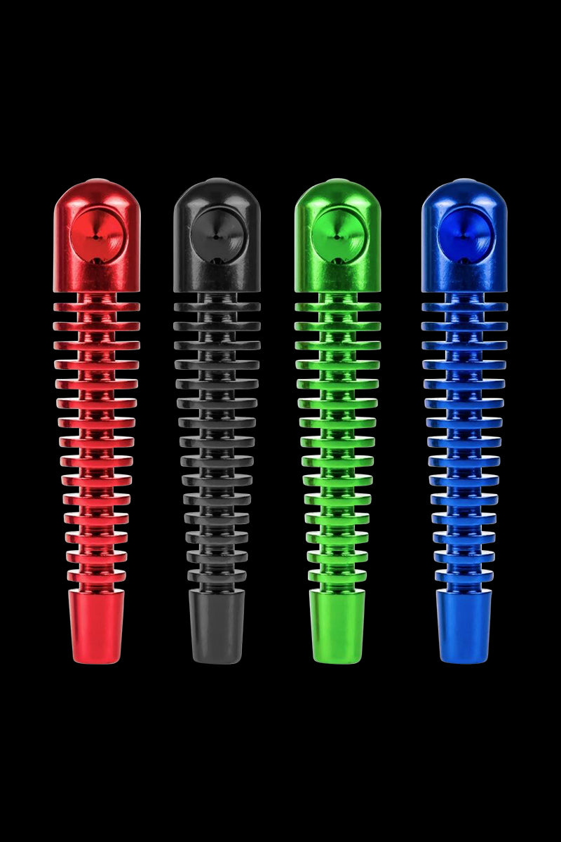 Row of four vertical metallic Skeleton Hand Pipe pieces in red, black, green, and blue against a black background.