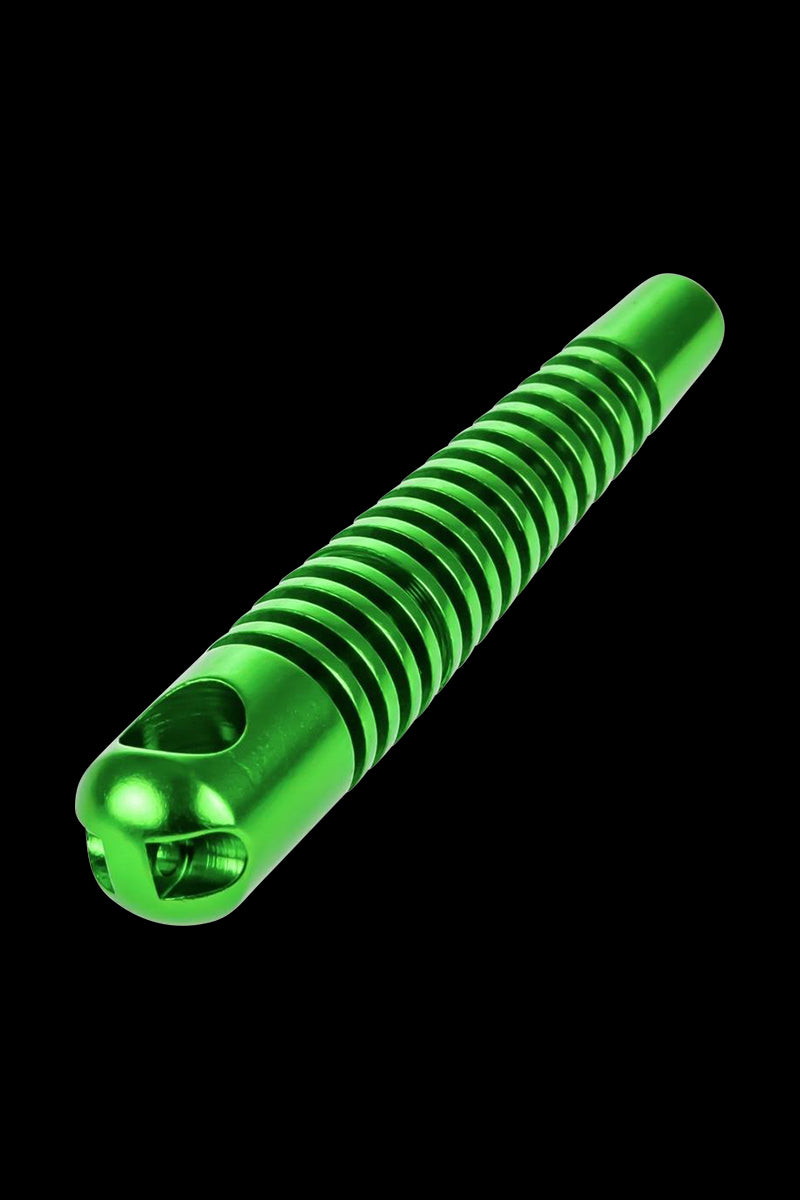 Diagonal close-up of a bright green Skeleton Hand Pipe against a black background, showing its ribbed shaft and hollowed tip.