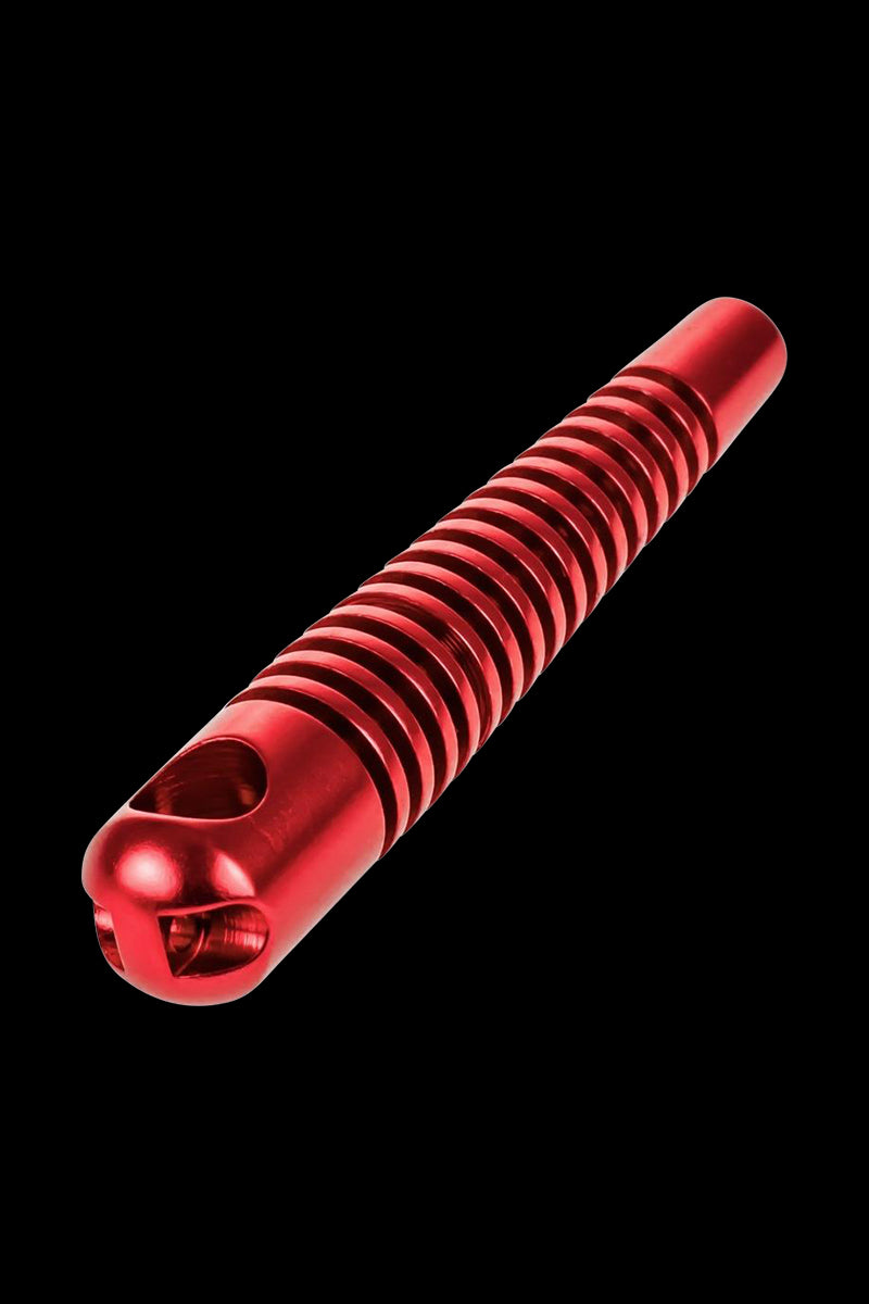 Angled close-up of a metallic red Skeleton Hand Pipe showing its ribbed shaft and skull-like bowl against a black background.