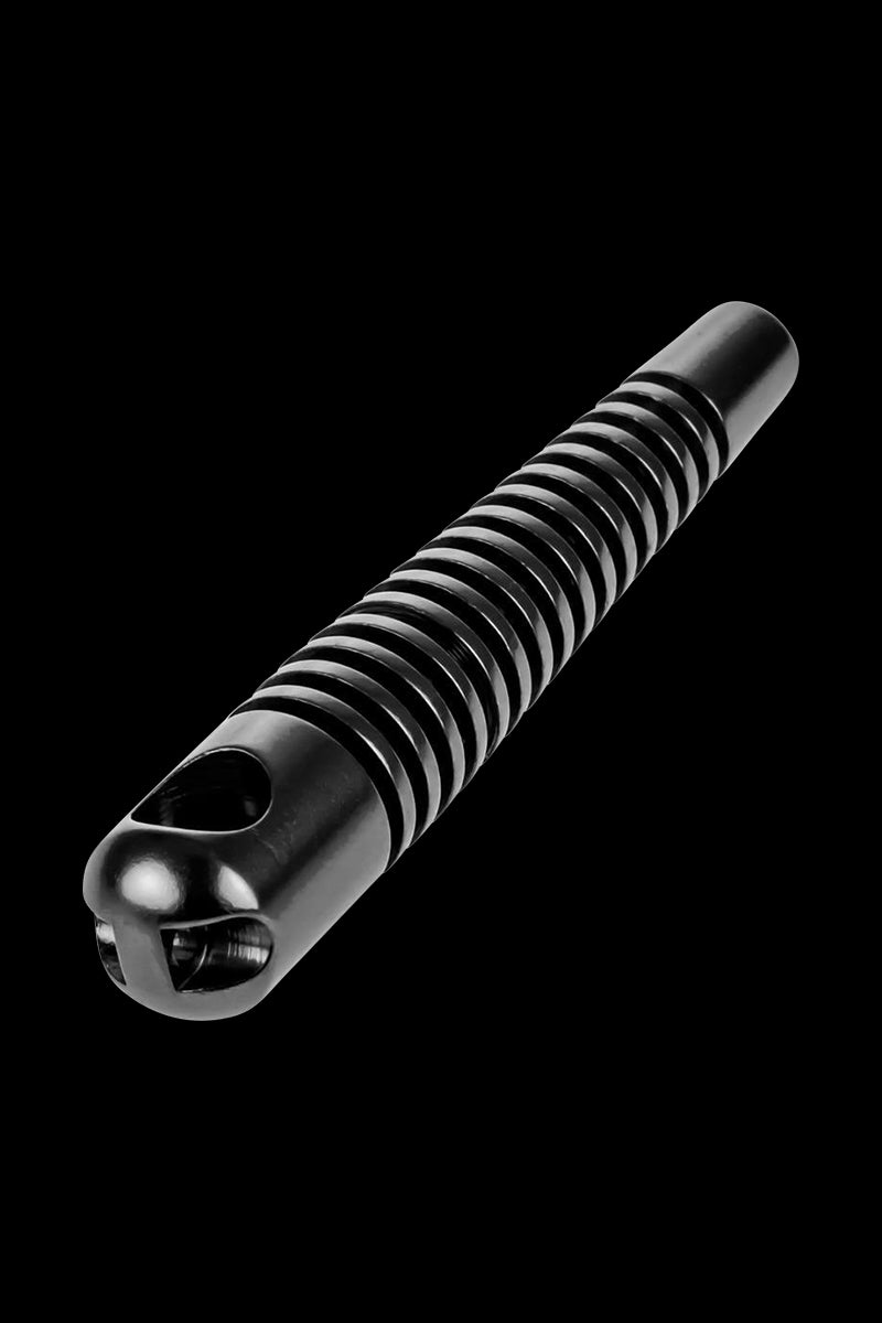 Angled close-up of the black Skeleton Hand Pipe showing its ribbed shaft and rounded bowl against a solid black background.