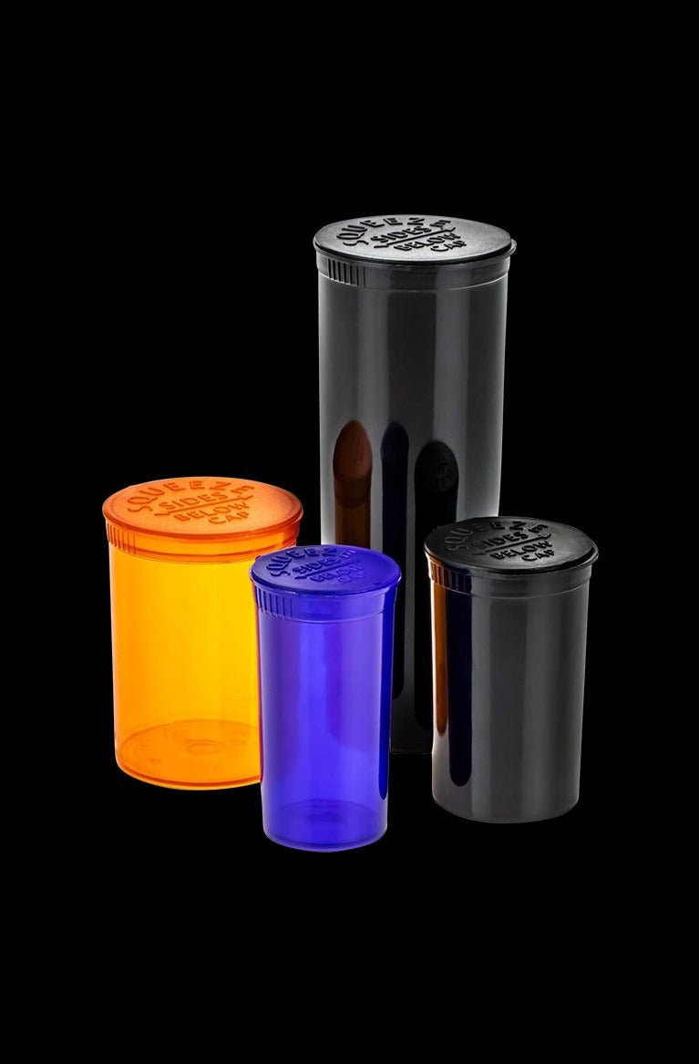 A studio shot displays multiple Plastic Pop Top Stash Jars, extra large, arranged in a vertical stack against a plain black background.