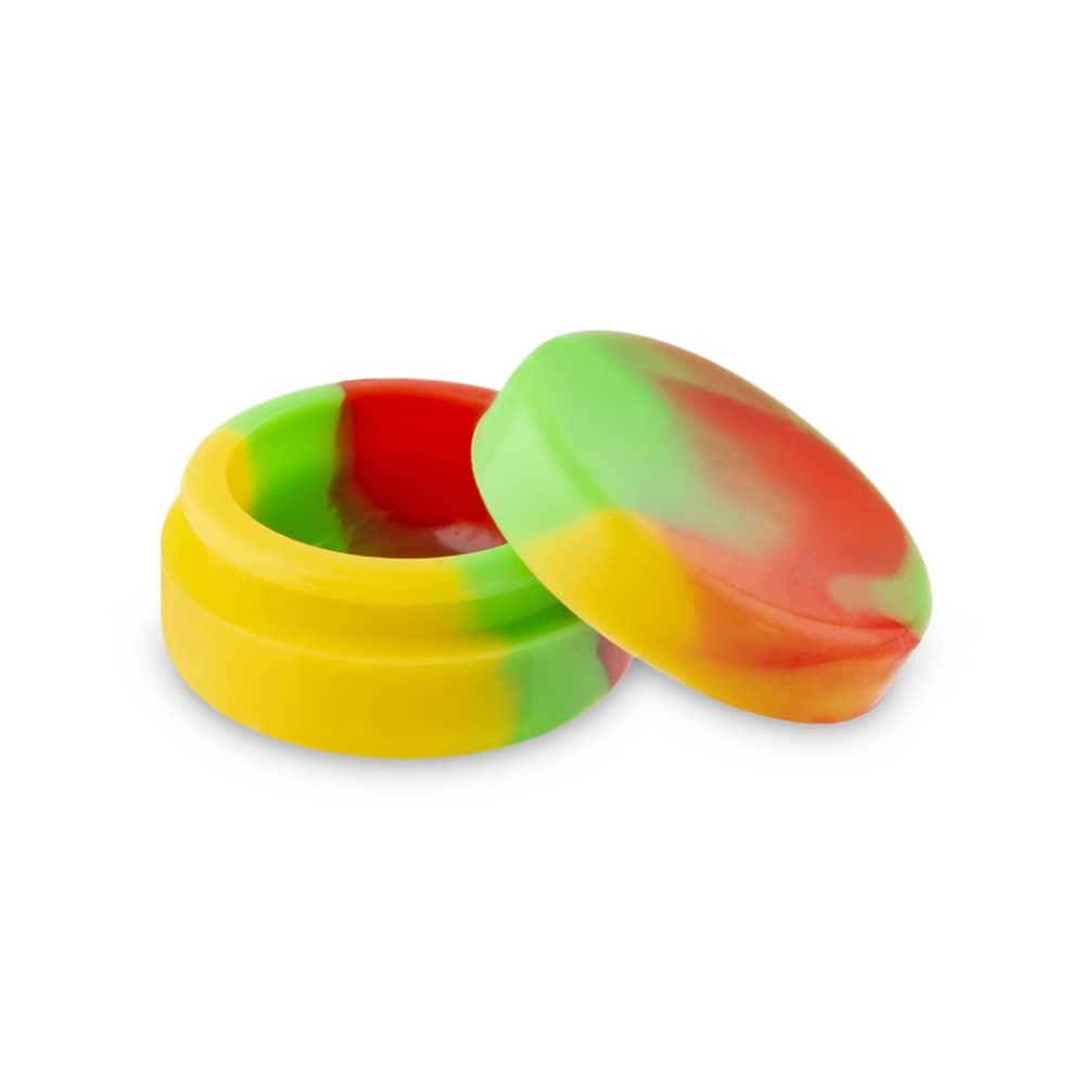 Colorful silicone concentrate container with lid open beside it.