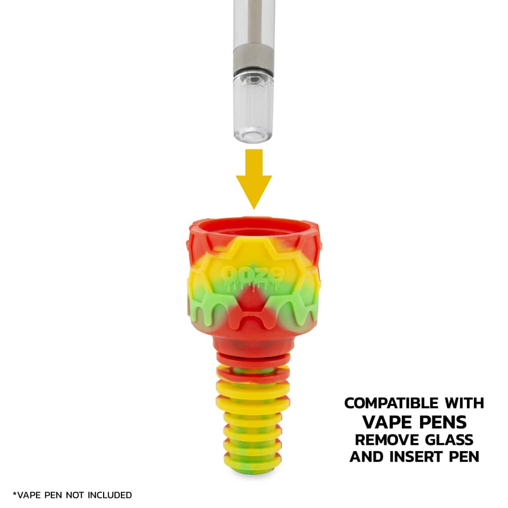 Silicone cannabis oil rig attachment with arrow indicating insertion of a vape pen cartridge.