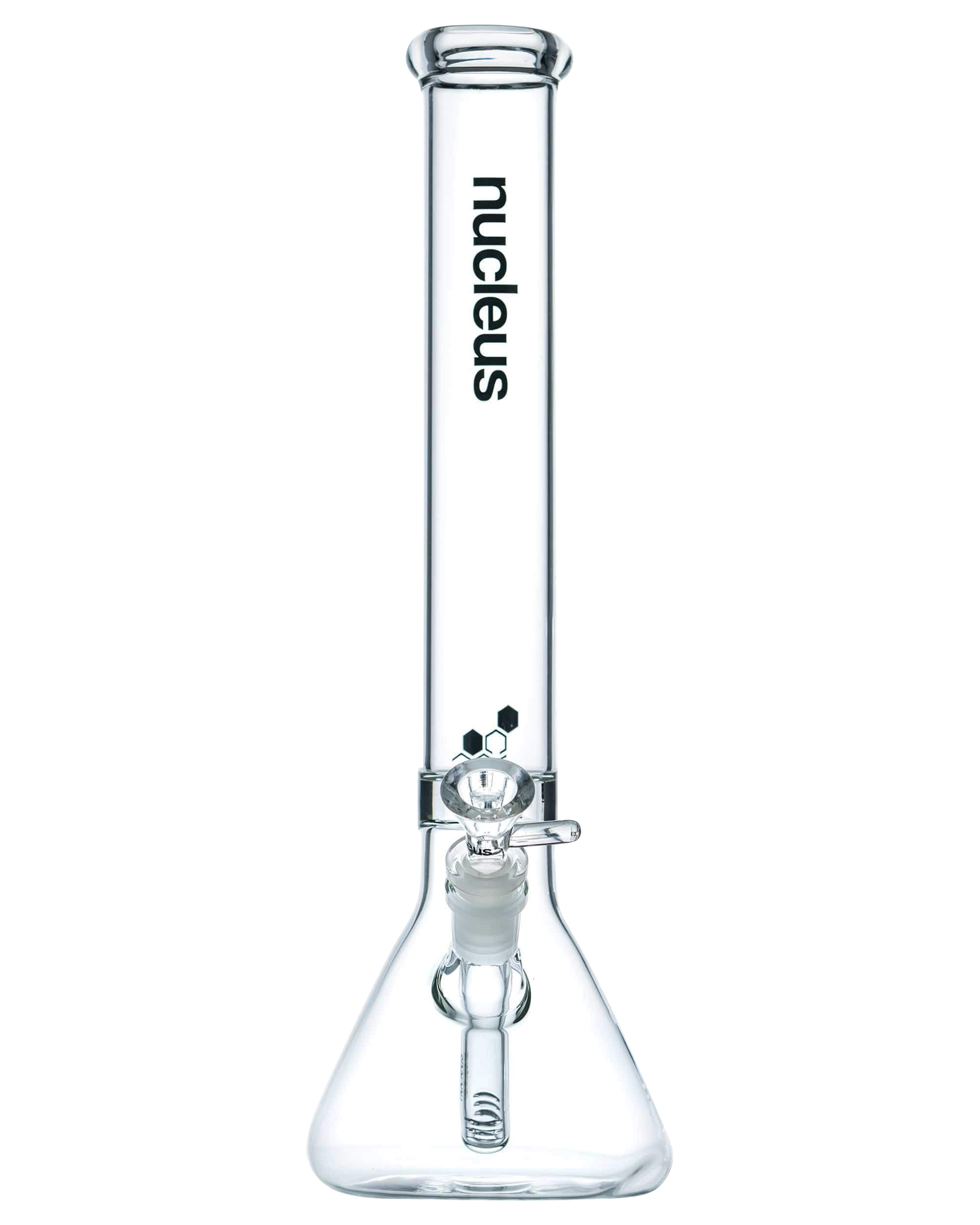 A front view of the Nucleus 12" Beaker Bong with Donut Style Ice Catcher, showcasing its clear glass construction and simple beaker shape.