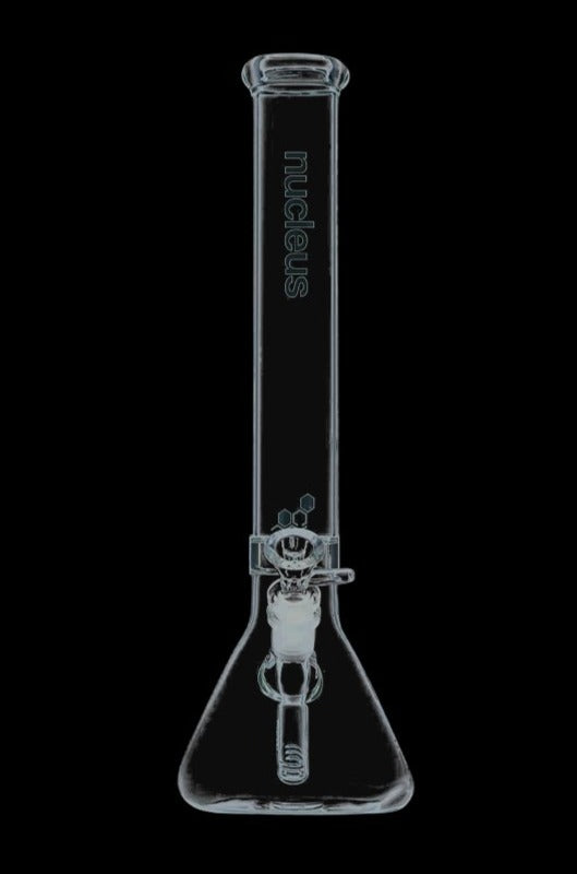 A front view of the Nucleus 12" Beaker Bong with Donut Style Ice Catcher, showcasing its clear glass construction and classic beaker shape.