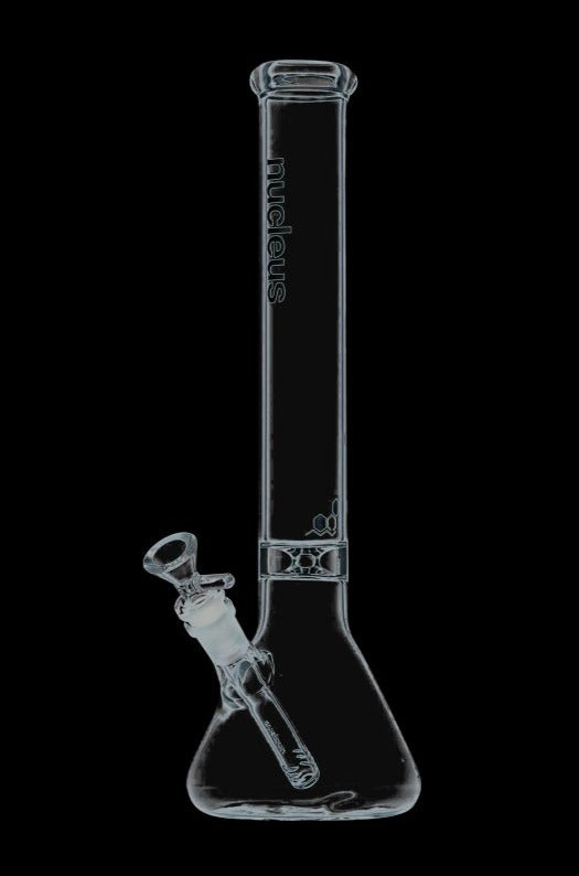 A front view of the Nucleus 12" Beaker Bong with Donut Style Ice Catcher, showcasing its clear glass construction and simple beaker shape.