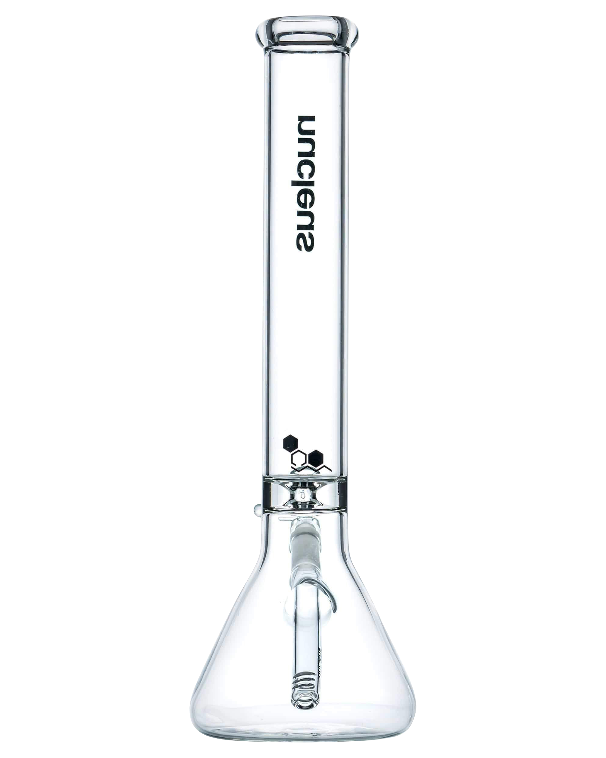 Front view of the Nucleus 12" Beaker Bong with Donut Style Ice Catcher, showing the clear glass and simple beaker shape.