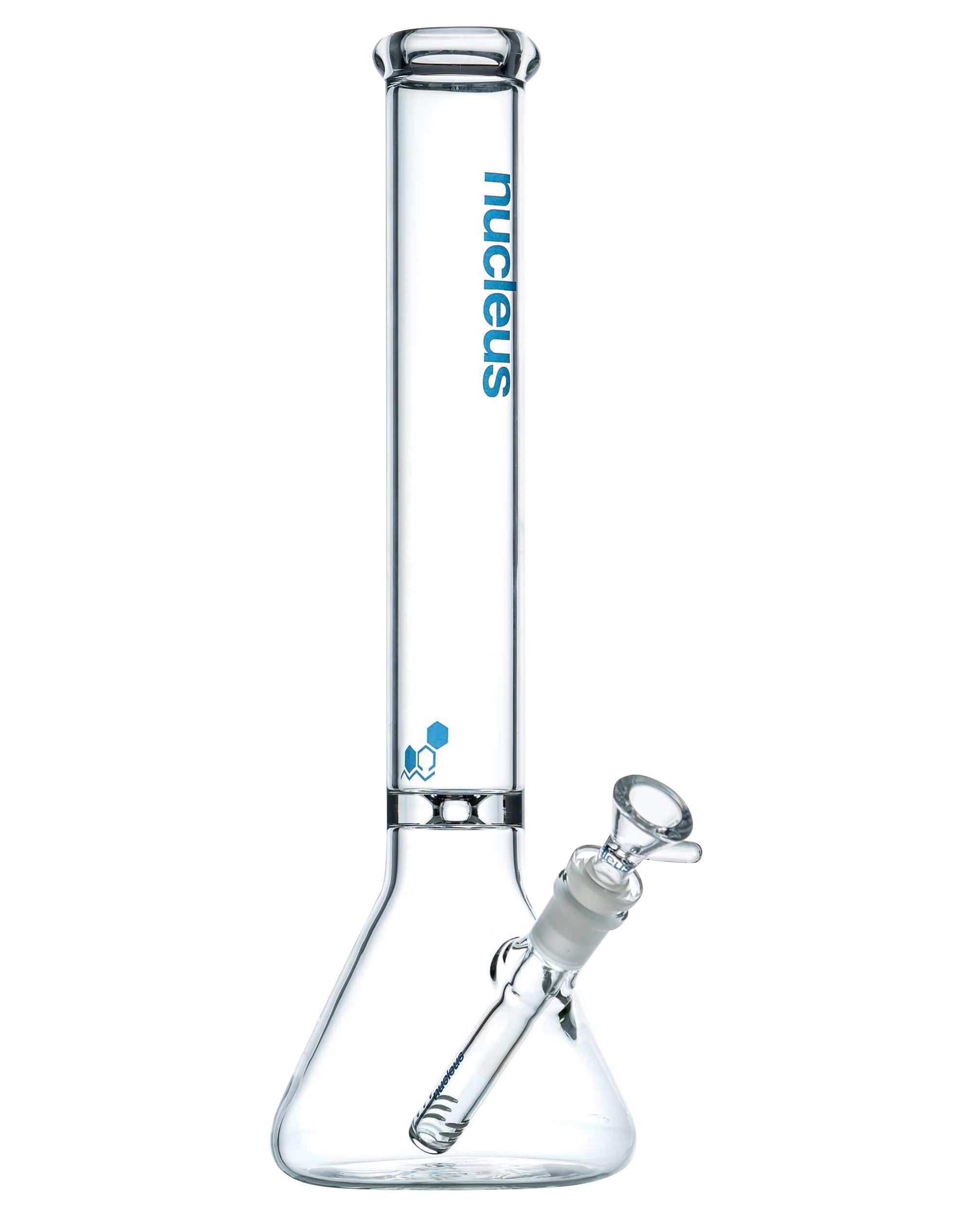 A front view of the Nucleus 12" Beaker Bong with Donut Style Ice Catcher, showcasing its clear glass construction and simple beaker shape.