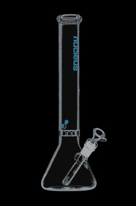 A front view of the Nucleus 12" Beaker Bong with Donut Style Ice Catcher, showing its clear glass construction and simple cylindrical shape.