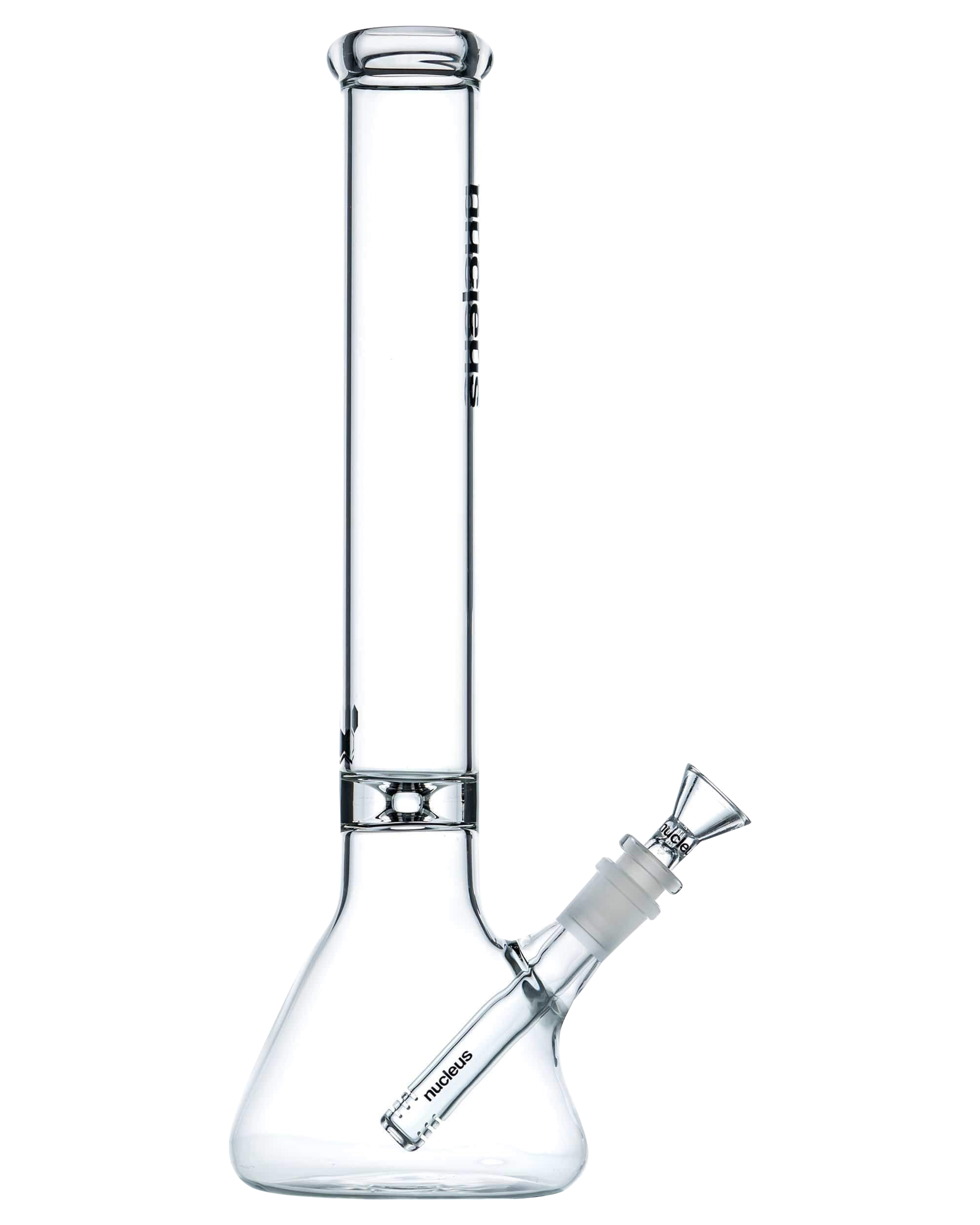 A front view of the Nucleus 12" Beaker Bong with Donut Style Ice Catcher, showcasing its clear glass construction and classic beaker shape.