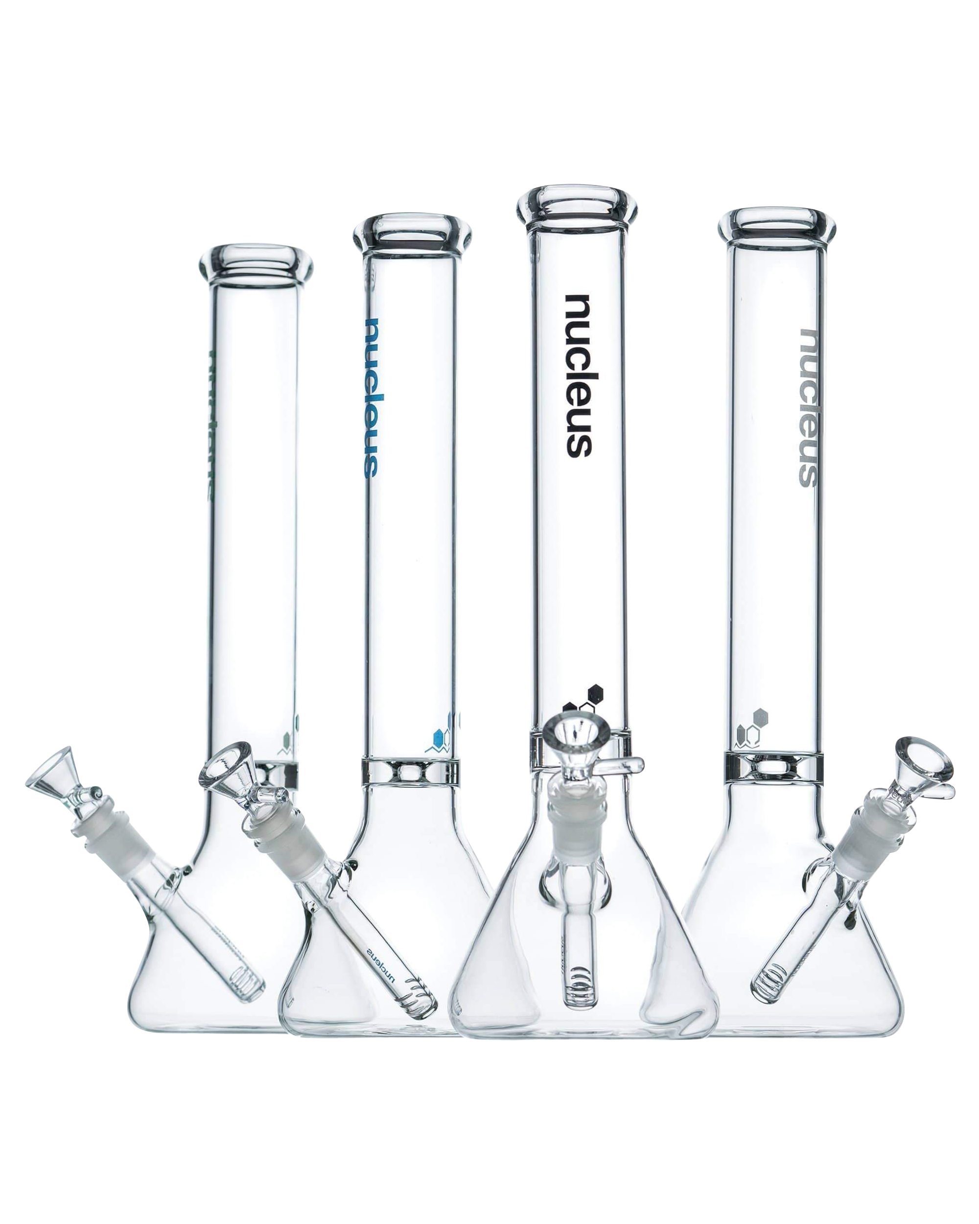 A front view of the Nucleus 12" Beaker Bong with Donut Style Ice Catcher, showing a clear glass bong with a wide base and cylindrical form.