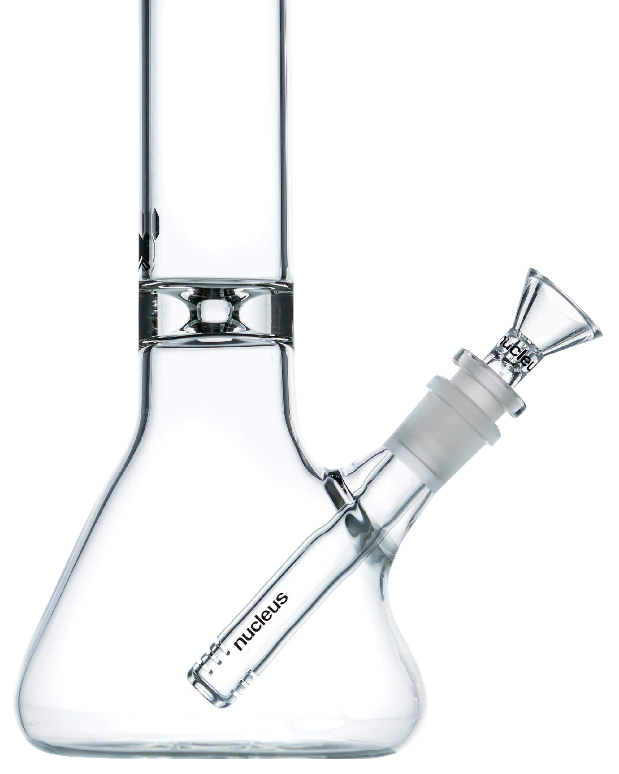 A front view of the Nucleus 12" Beaker Bong with Donut Style Ice Catcher, showcasing the clear glass construction and rounded base.