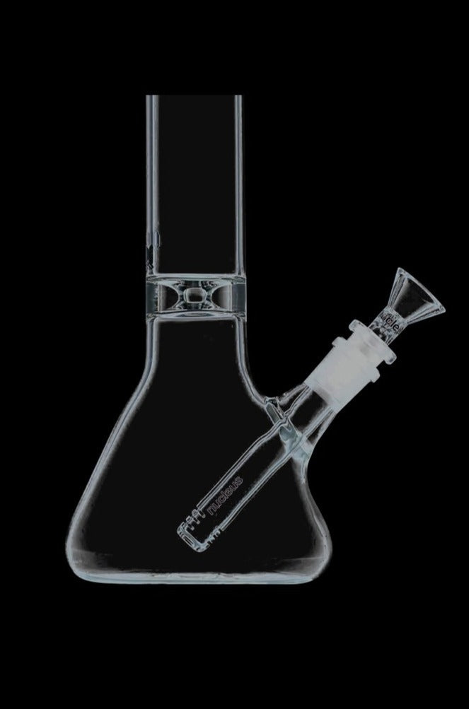 A front view of the Nucleus 12" Beaker Bong with Donut Style Ice Catcher, showcasing its clear glass construction and cylindrical shape.