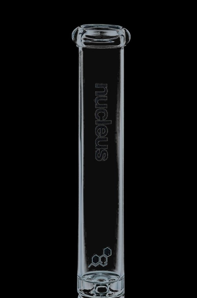 A front view of the Nucleus 12" Beaker Bong with a visible donut-style ice catcher and clear glass construction.
