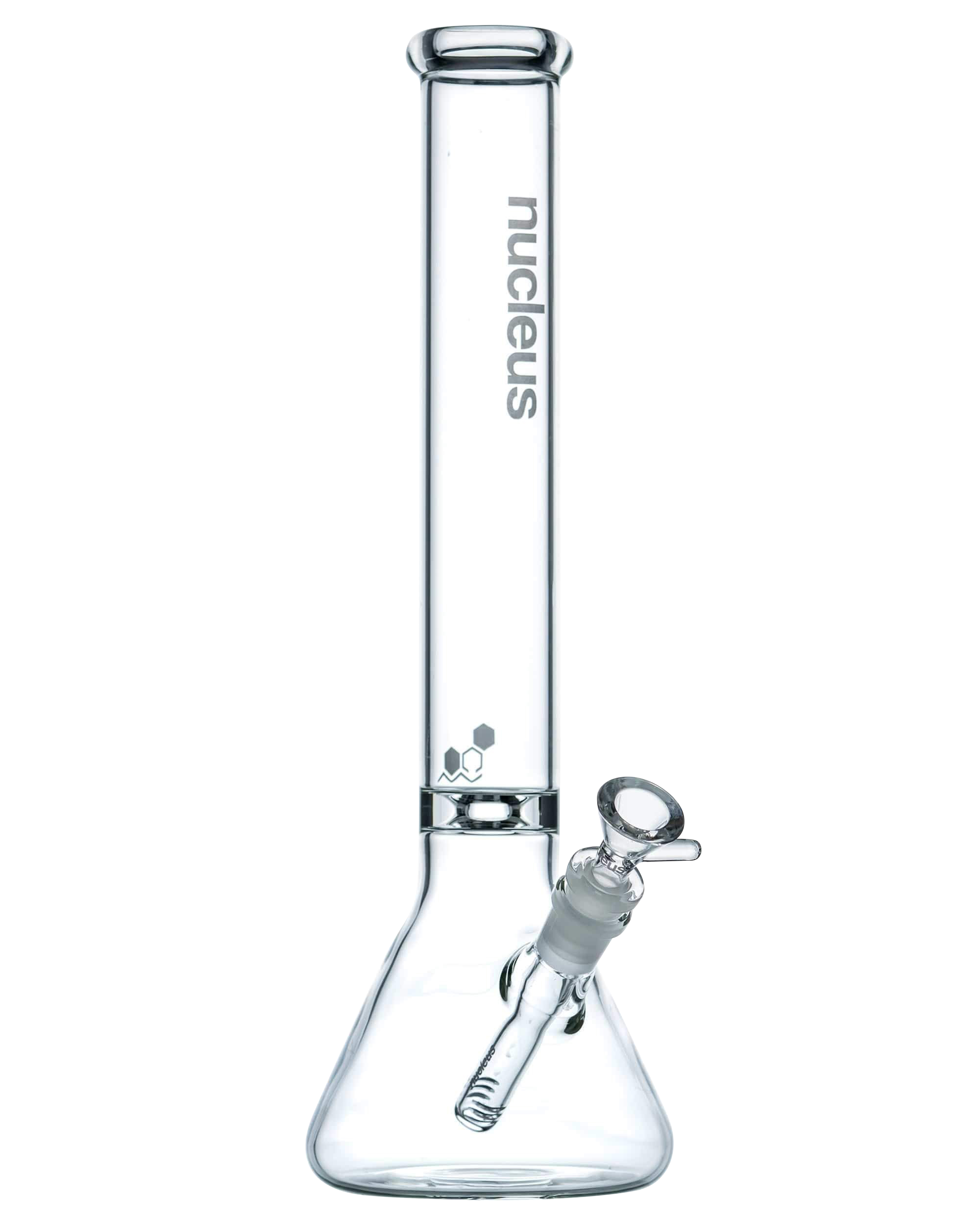 A front view of the Nucleus 12" Beaker Bong with Donut Style Ice Catcher, showcasing its clear glass construction and classic beaker shape.