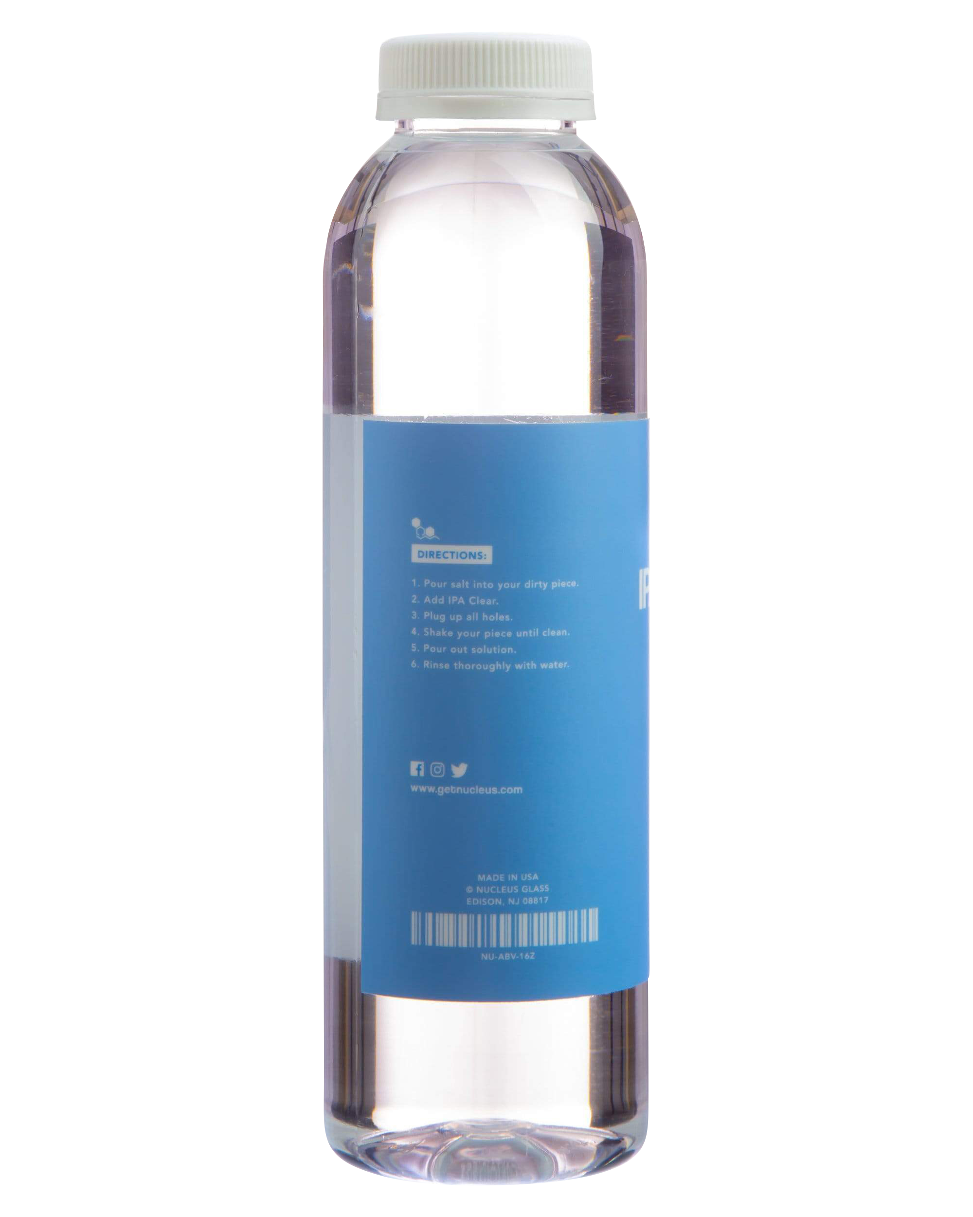 Front view of the Nucleus "IPA Clear" 99% Pure Isopropyl Alcohol bottle, displaying text instructions on a white label.