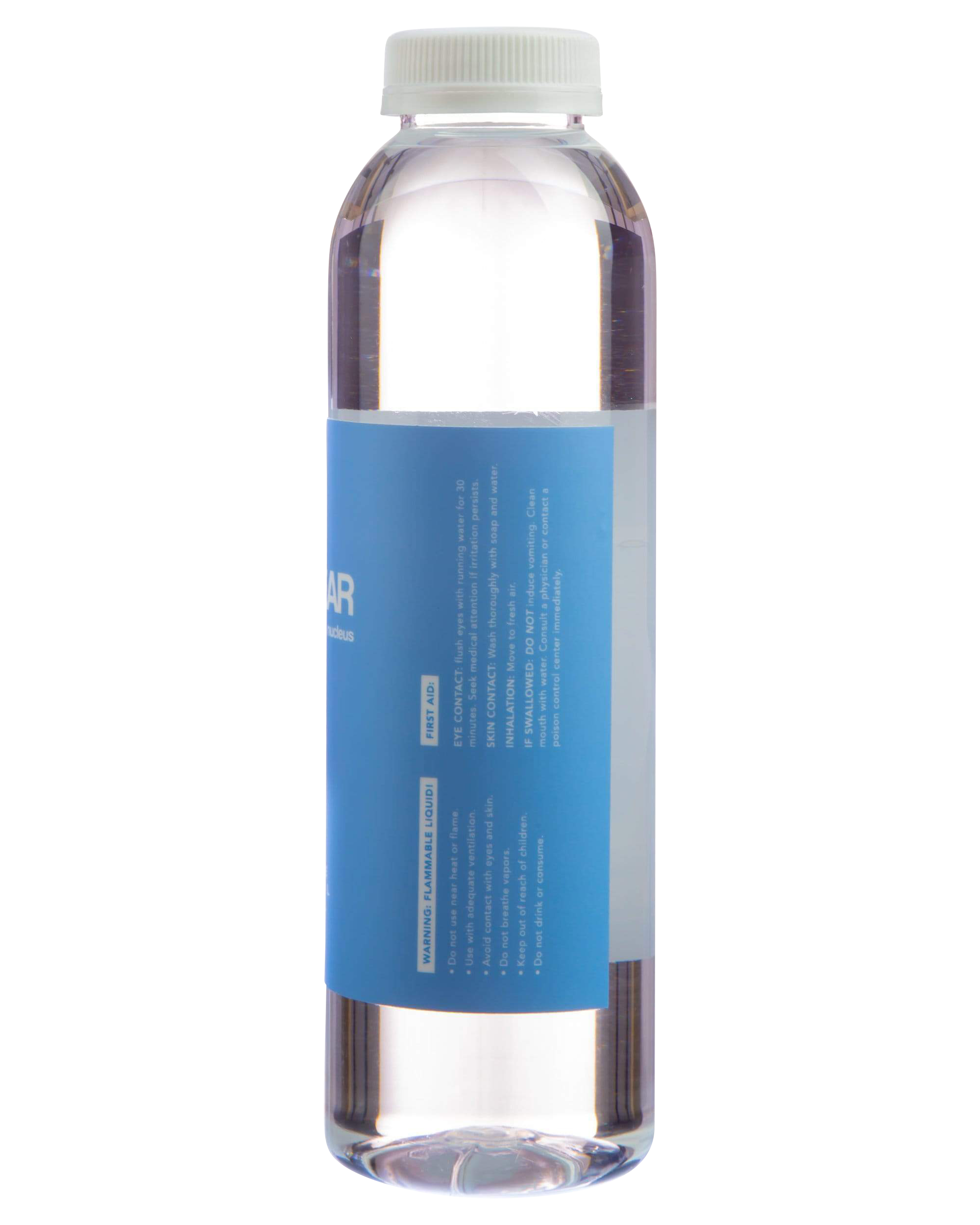 Front view of the Nucleus "IPA Clear" 99% Pure Isopropyl Alcohol bottle, showcasing its transparent liquid against a white label.
