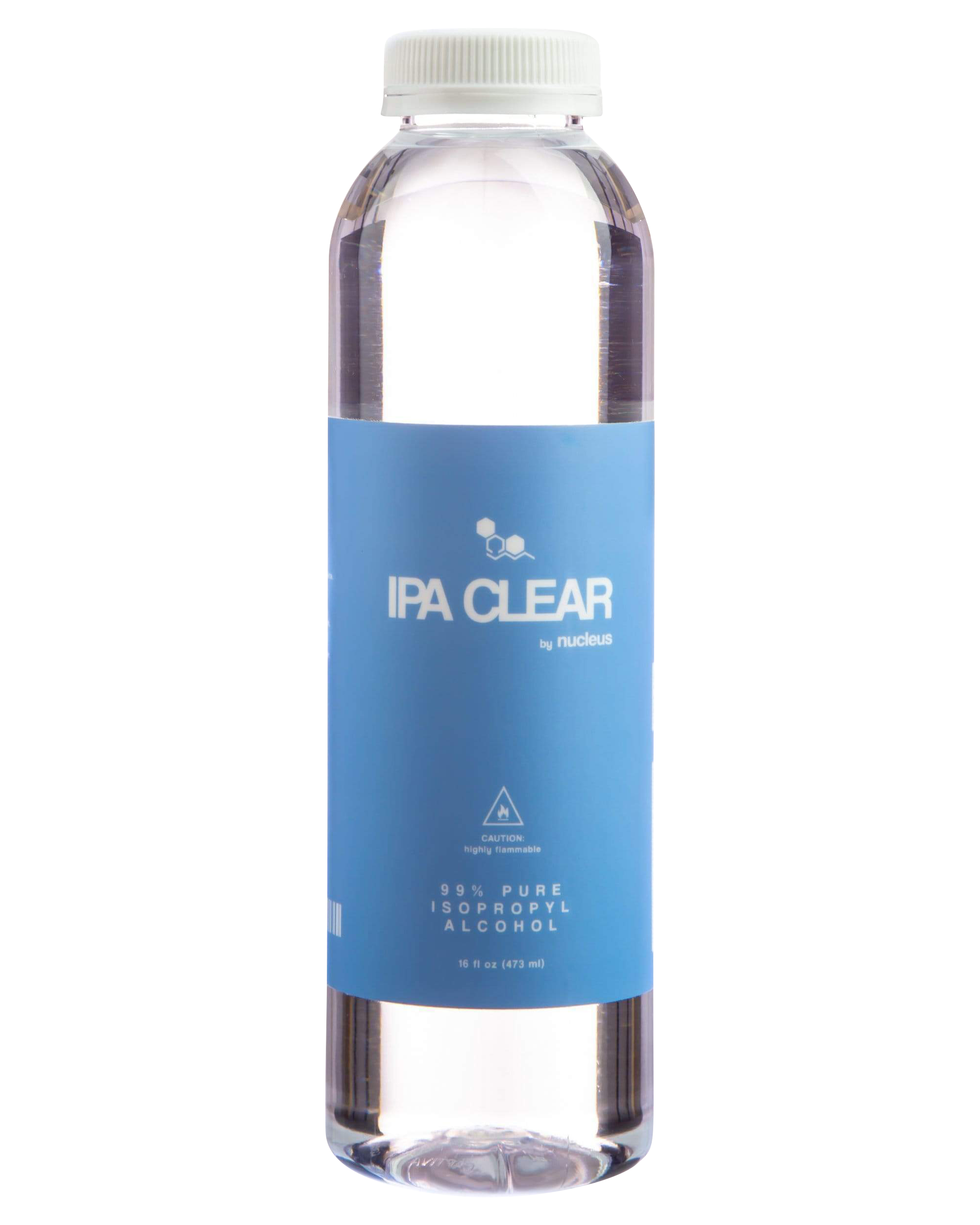 Front view of the Nucleus "IPA Clear" 99% Pure Isopropyl Alcohol in a clear plastic bottle against a plain white background.