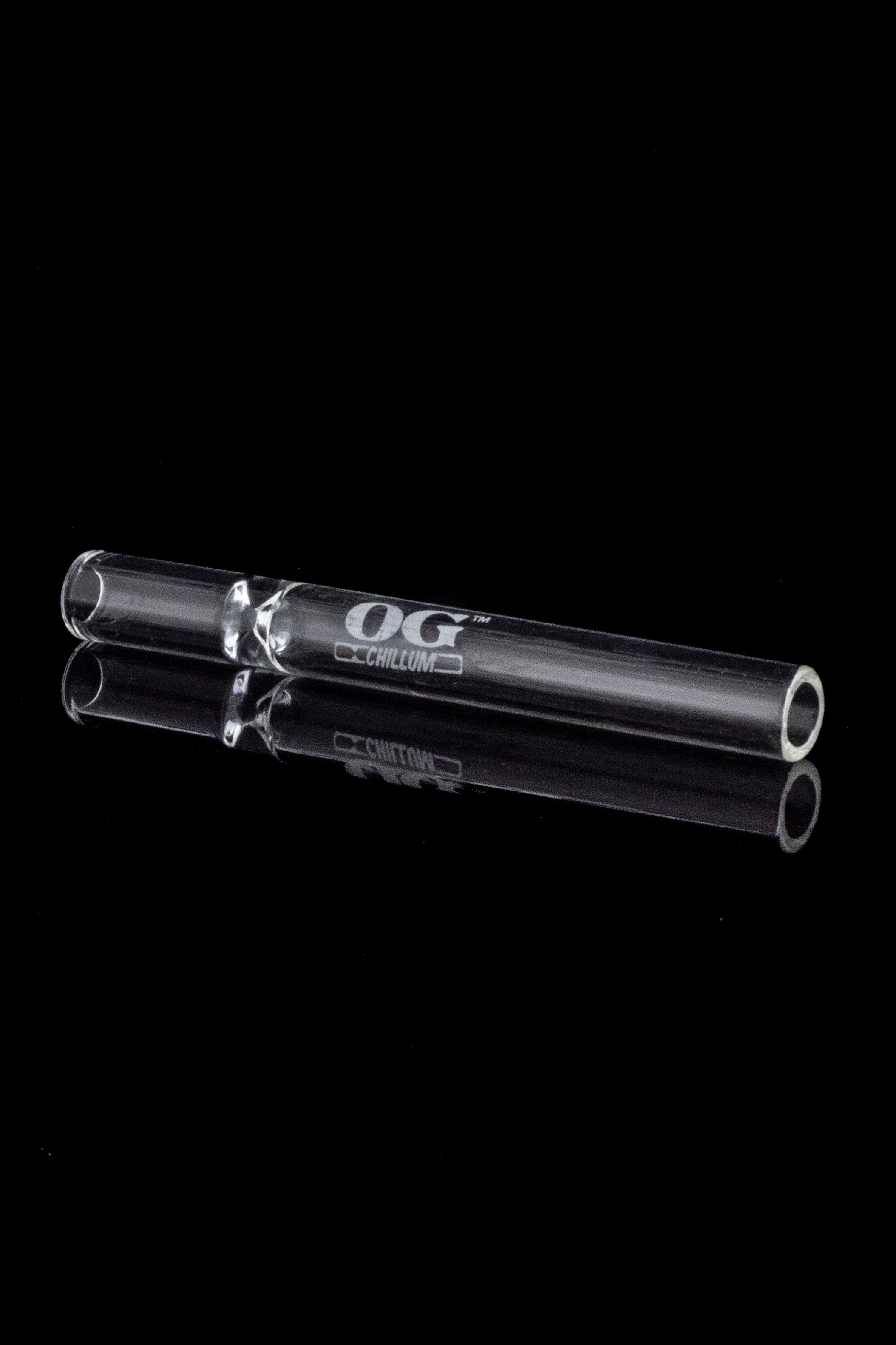 Two clear glass chillum pipes with branded text, isolated on a black background.